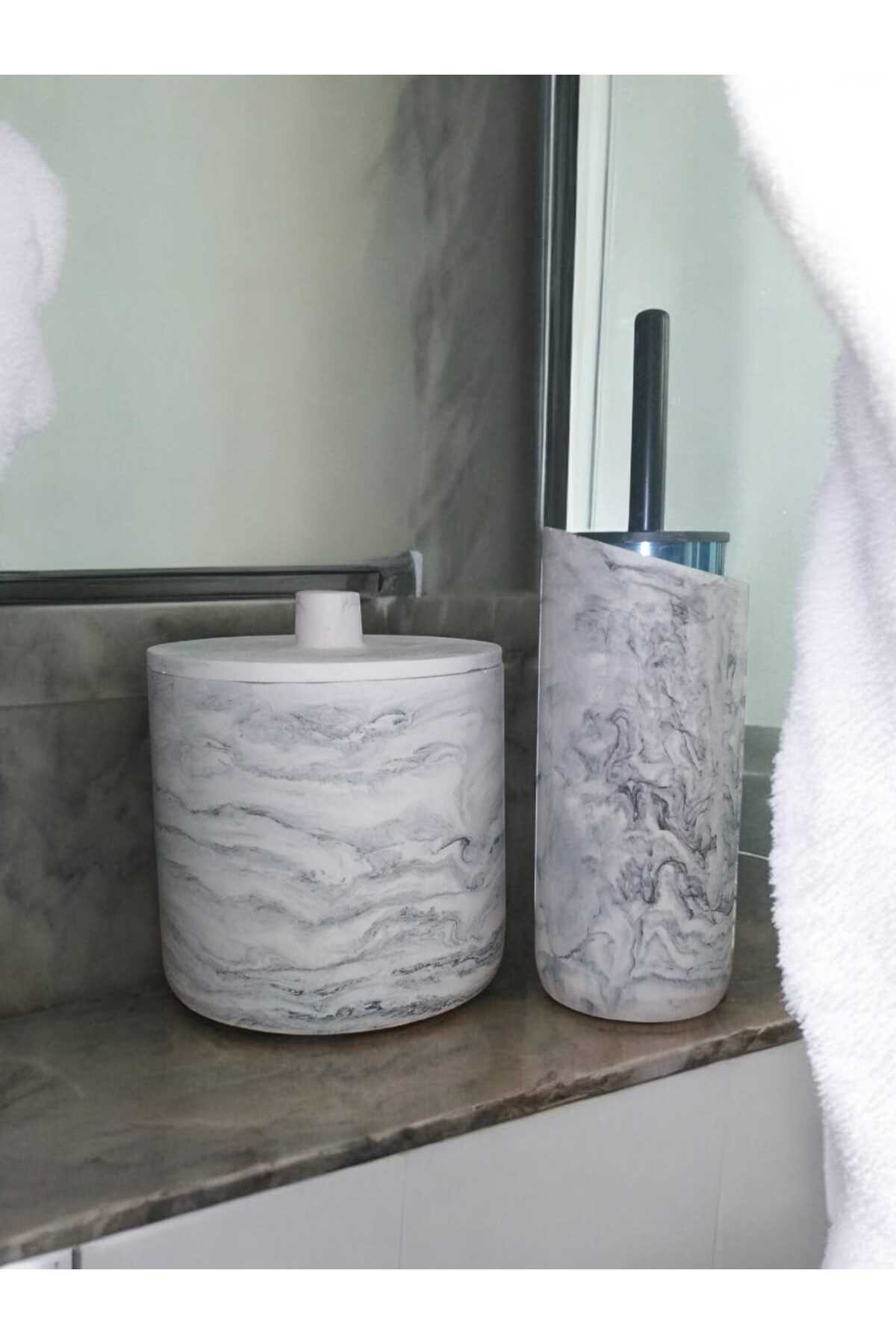 Trust Stone-Marble Patterned Concrete Trash Can and Wc Brush Holder Set, Decorative Item, Accessory 4