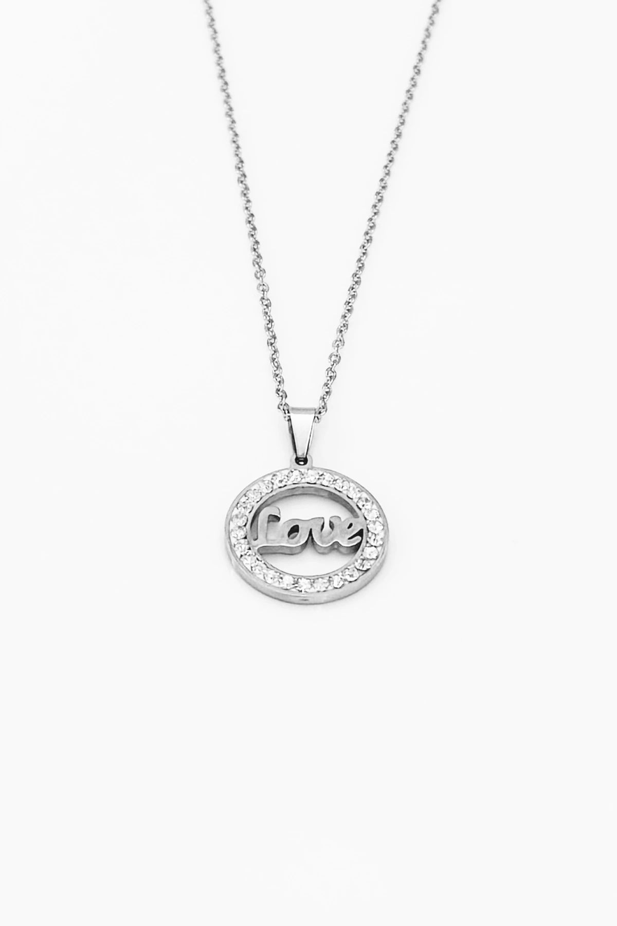 PRVT-Silver Color Love Written Steel Necklace 2