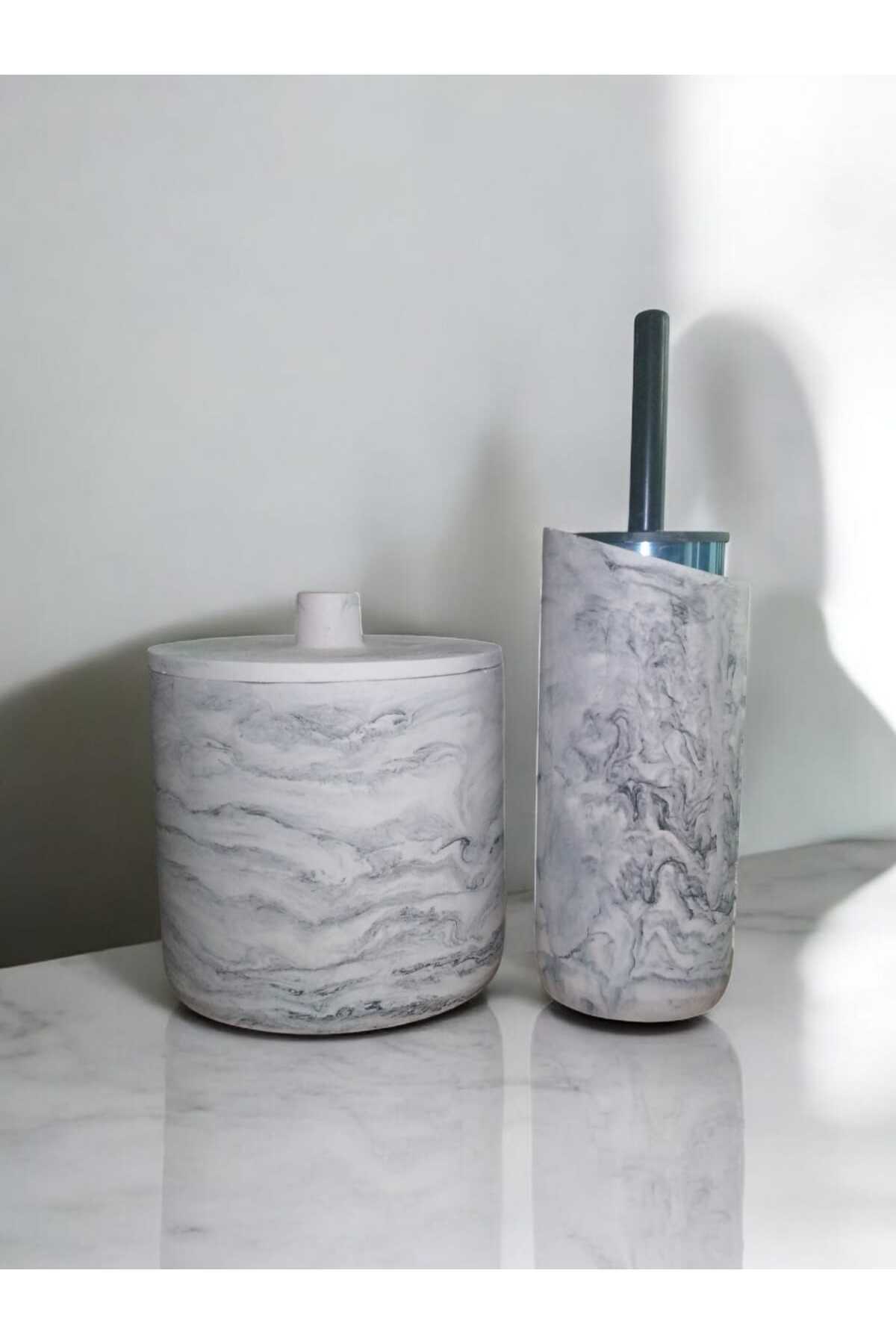 Trust Stone-Marble Patterned Concrete Trash Can and Wc Brush Holder Set, Decorative Item, Accessory 1