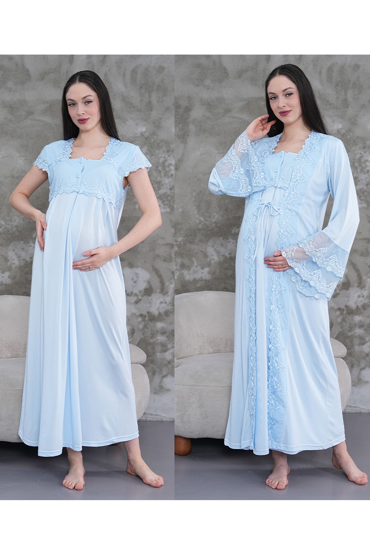 Lohussa Set Cămașă De Noapte Pentru Femei, Albastru, Cu Volan, Design Special, Din Bumbac, Pentru Maternitate Femeie - 2XL