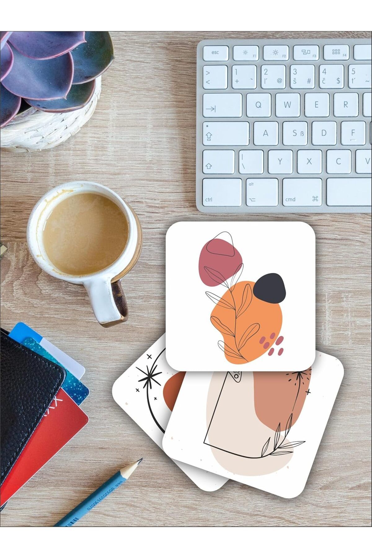 yenibagshop Bohem Ay Kelebek Temalı Ahşap Bardak Altlığı Ahşap Baskılı Altlık 6'lı set (9 x9CM) karbonNM26
