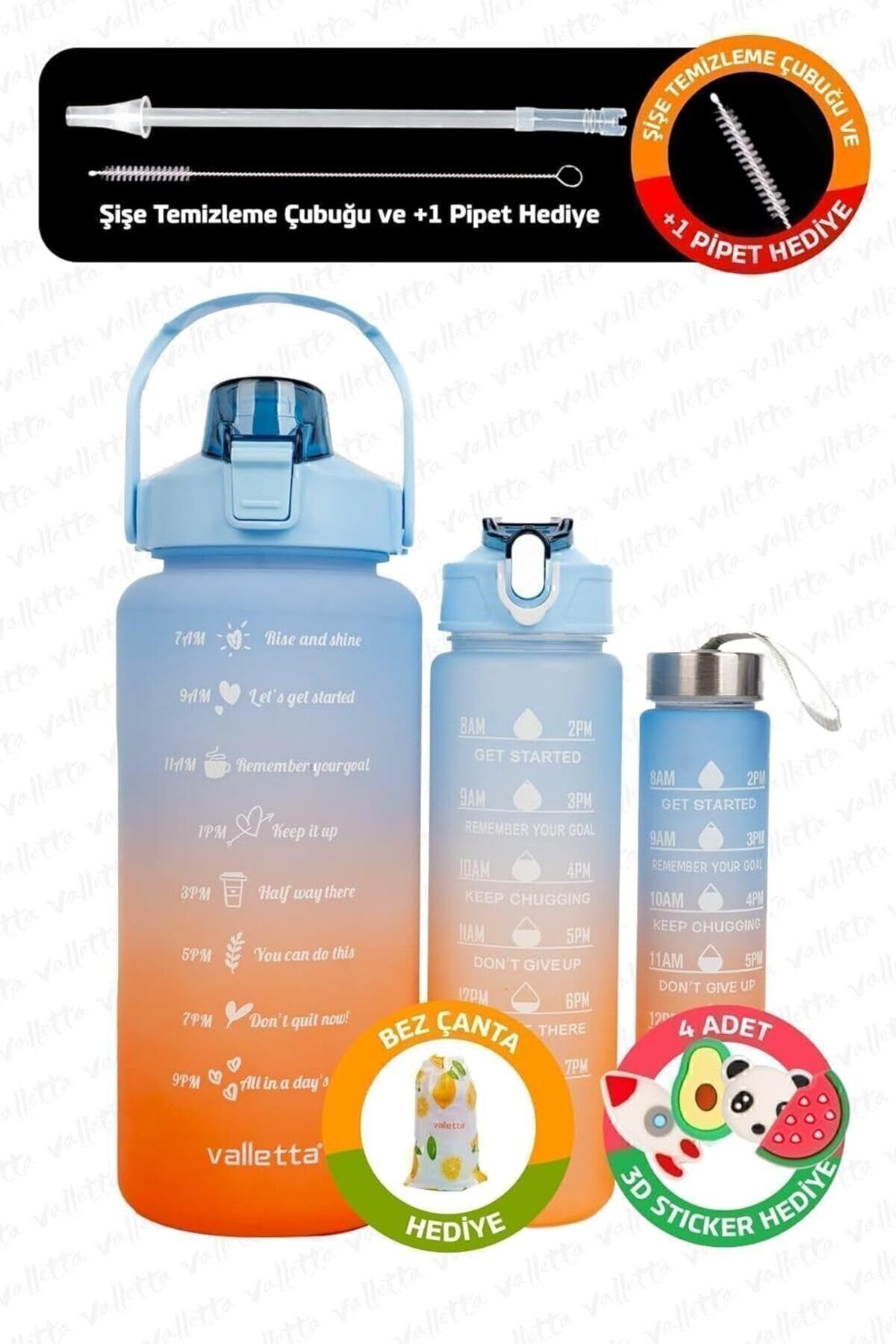 STOREMAX buxystorem Eldorado 3Lü Set Bpa Içermez Motivasyonel Su Matarası Mavi Su Matarası,Su Şişesi,Su