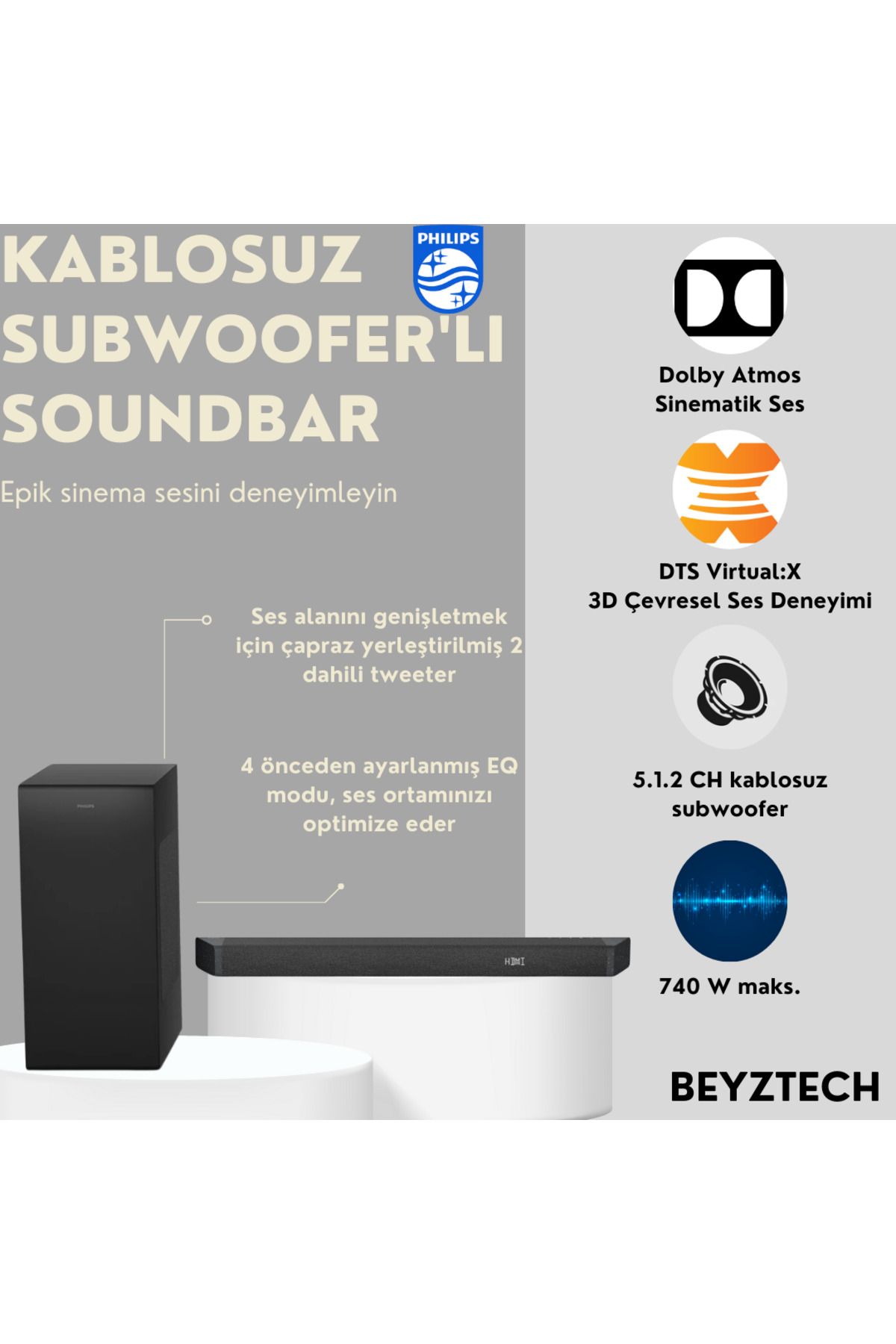 Philips Premium 5.1.2CH Kablosuz Subwoofer DTS Virtual:X Dolby Atmos Sinematik Ses 2 Dahili Tweeter
