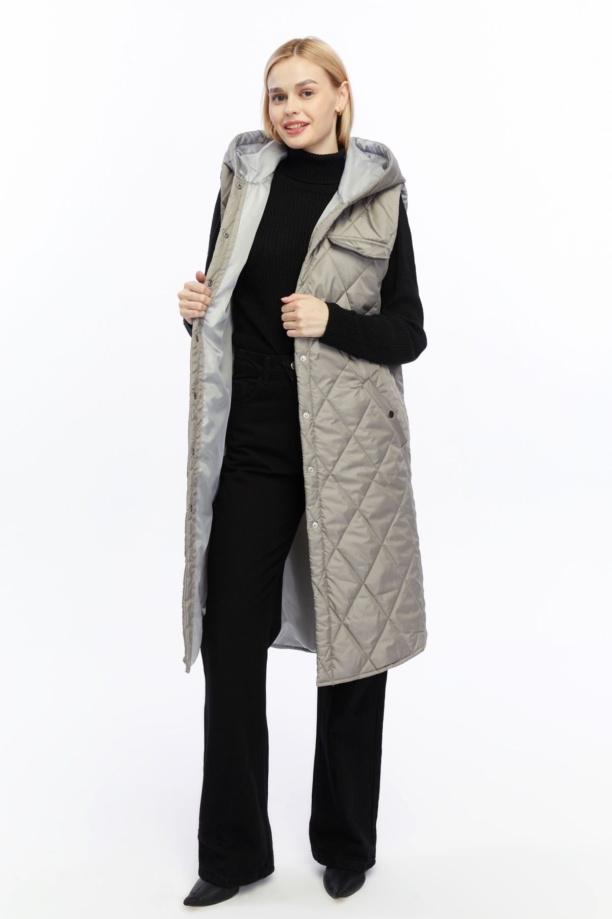 sehatex-Women's Long Quilted Puffer Vest with Snap Detail 8