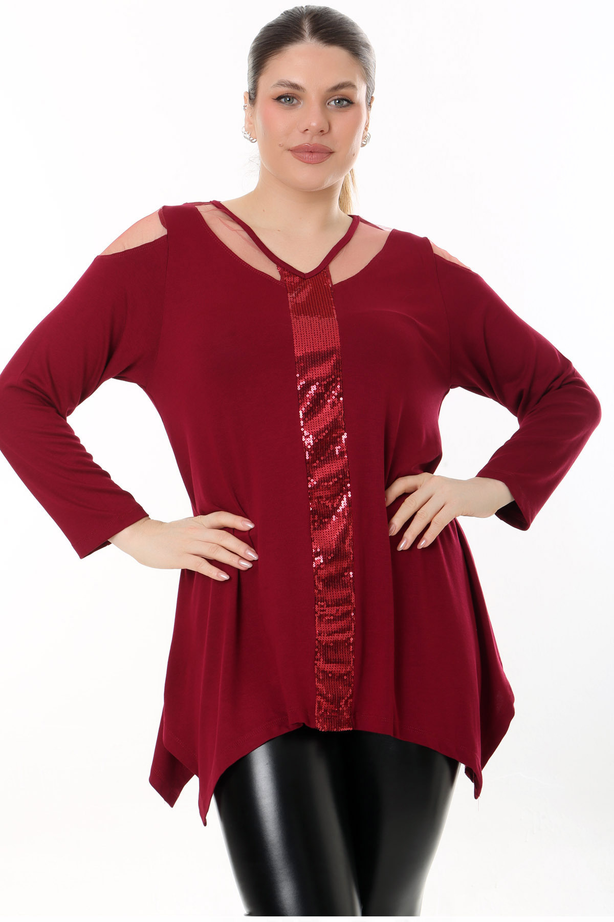 Kheos-Special Design Long Loose Comfortable Flowing Tunic with Sequin Shoulder Low Cut on the Front 1