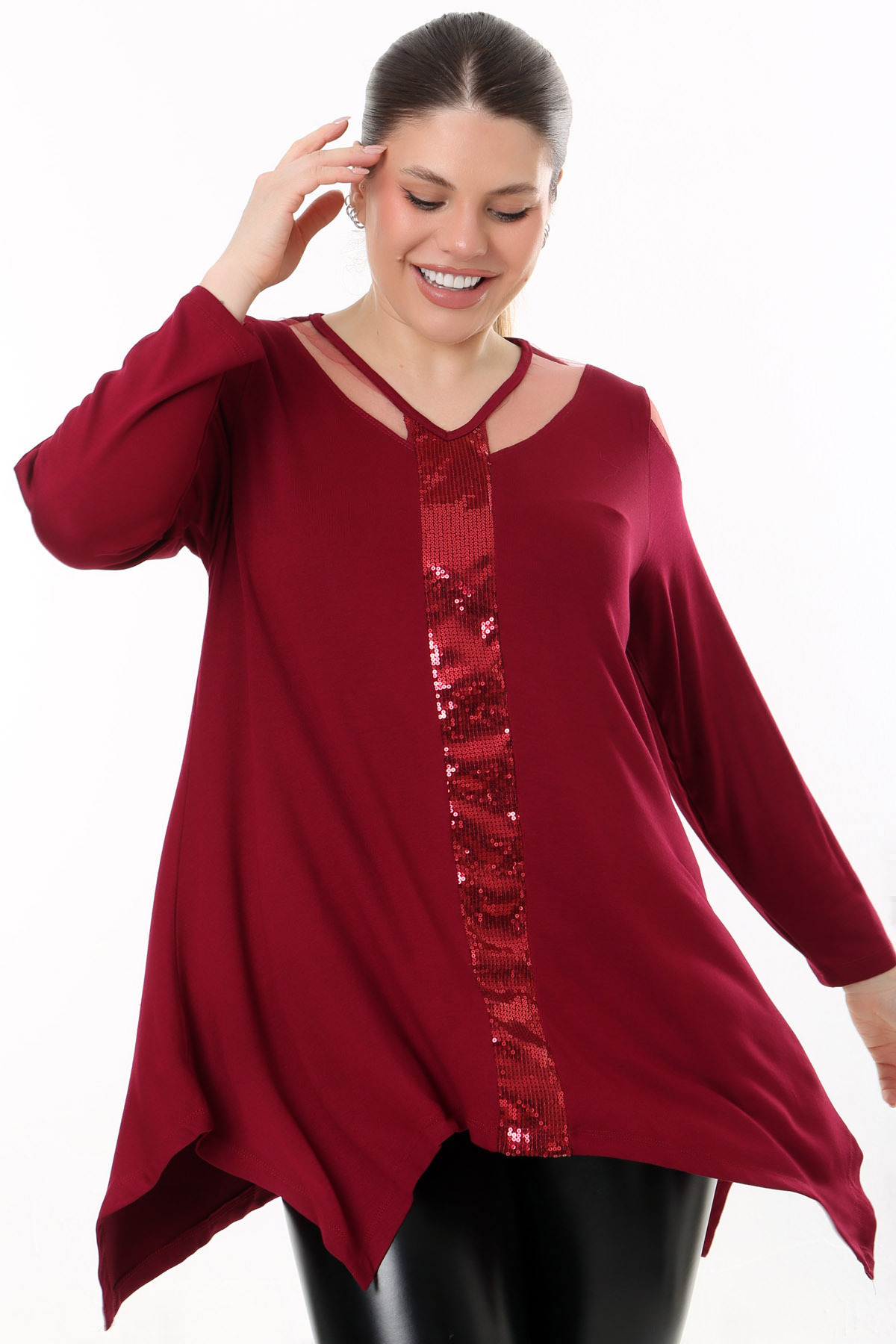 Kheos-Special Design Long Loose Comfortable Flowing Tunic with Sequin Shoulder Low Cut on the Front 4
