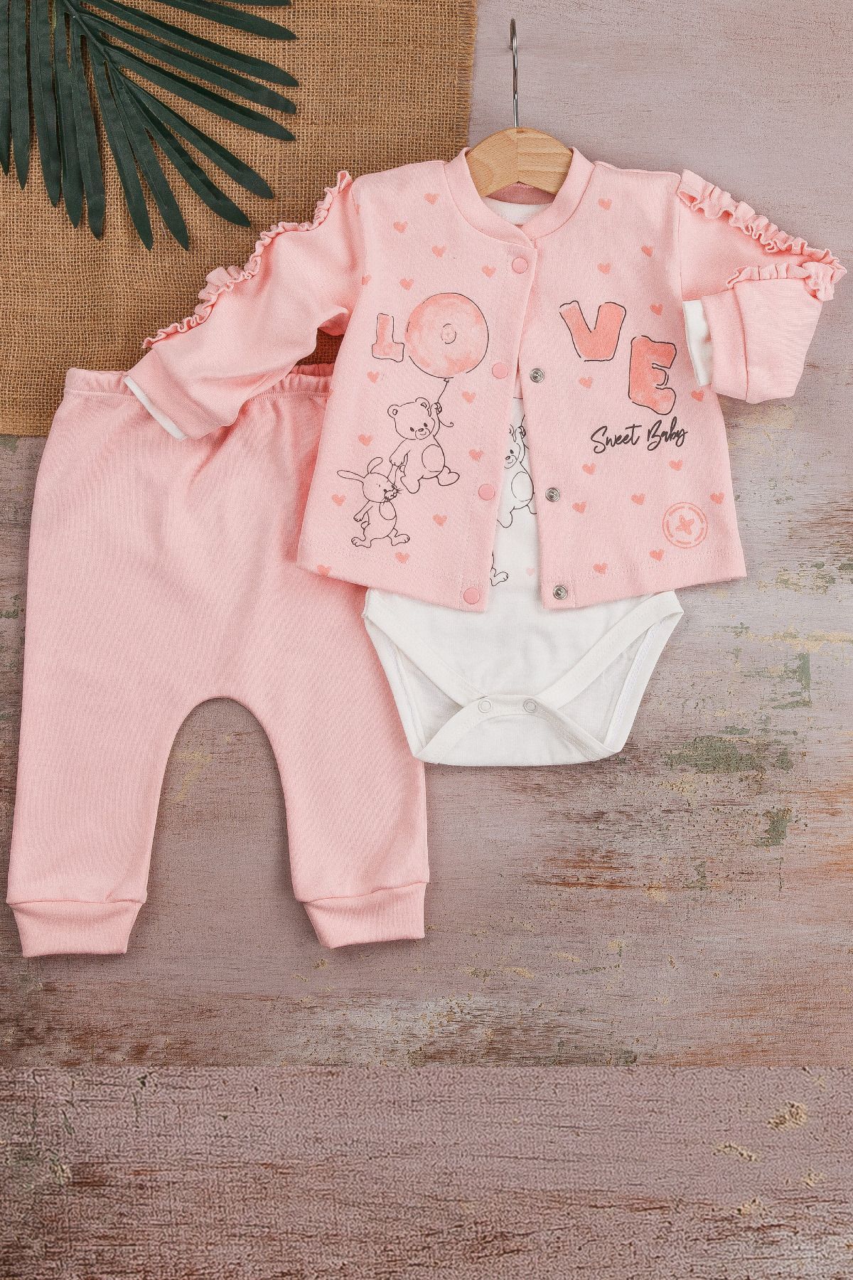 Nemere-Love Rabbit Patterned Sleeve Detailed 3-Piece Baby Girl Set with Cardigan 1