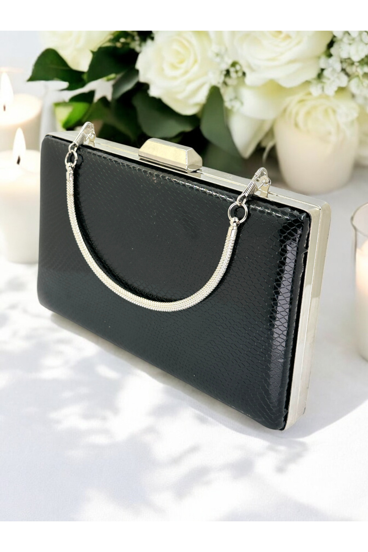 Ahenk Design-Black Color Herringbone Pattern Metal Handle Shiny Patent Leather Women's Evening Dress Bag Wedding Engagement 5
