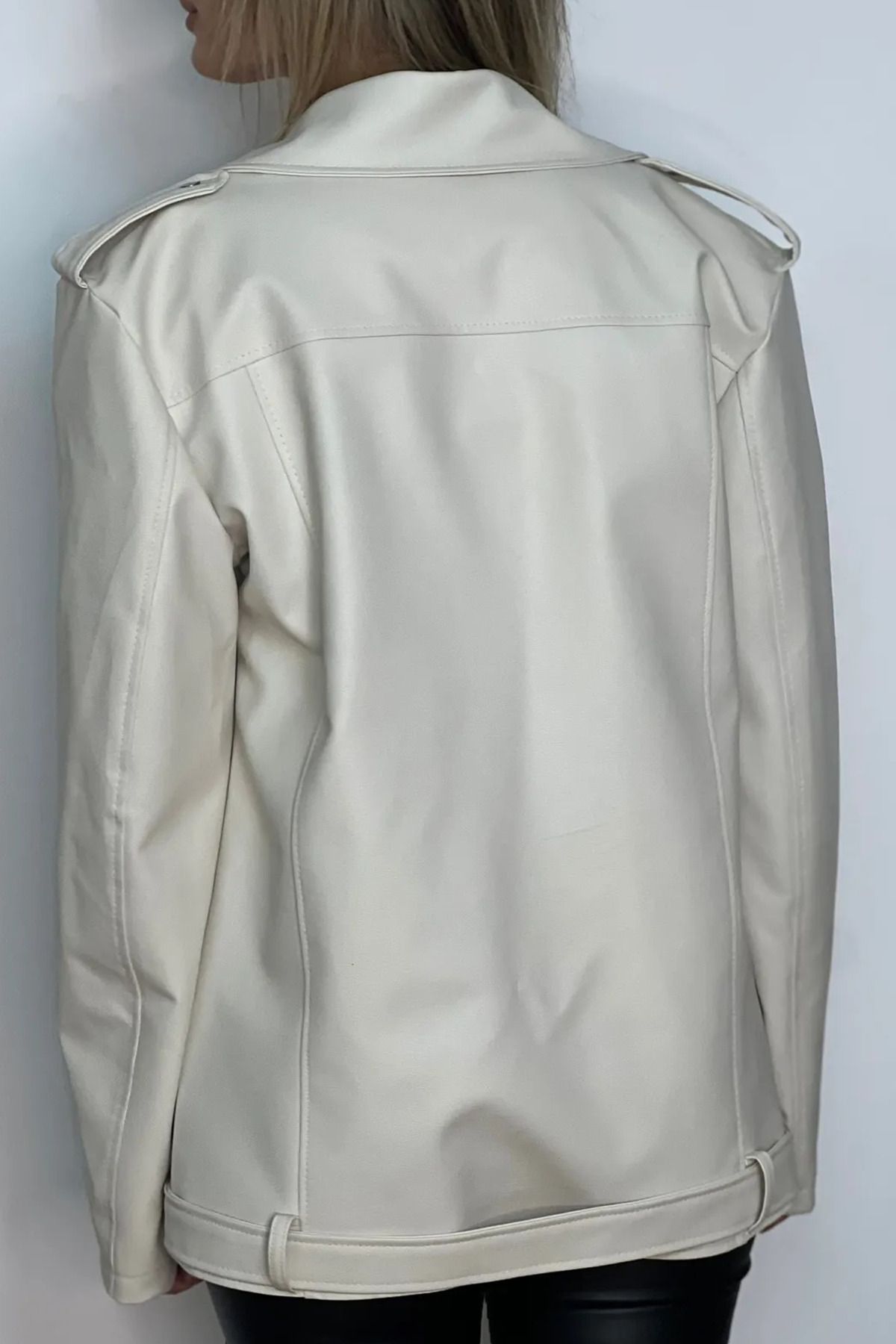 Jaglion-New Season Oversize Long Women's Cream Leather Jacket 5