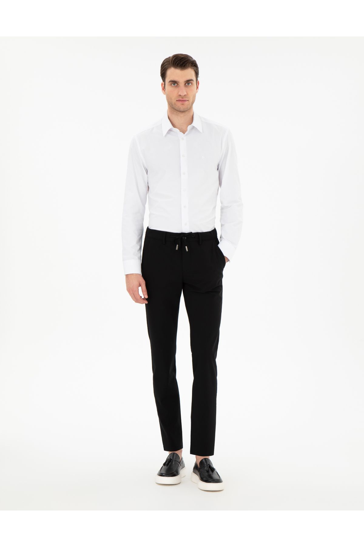 شلوار برزنتی منعطف باریک مشکی 50305839-VR046 Pierre Cardin