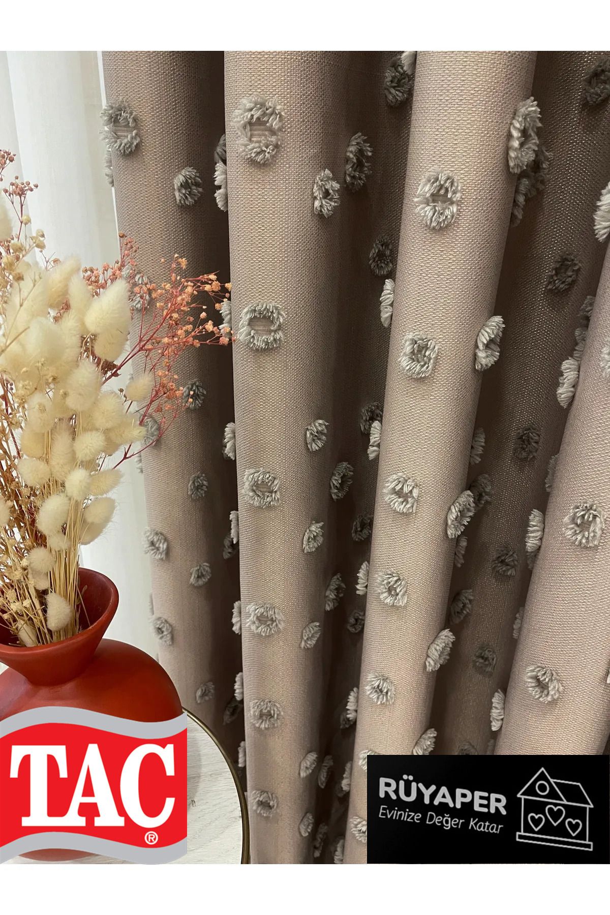 Taç-Dreamper Mink Color Pompom Pufy Background Curtain 1/3 Sik Pleat 4