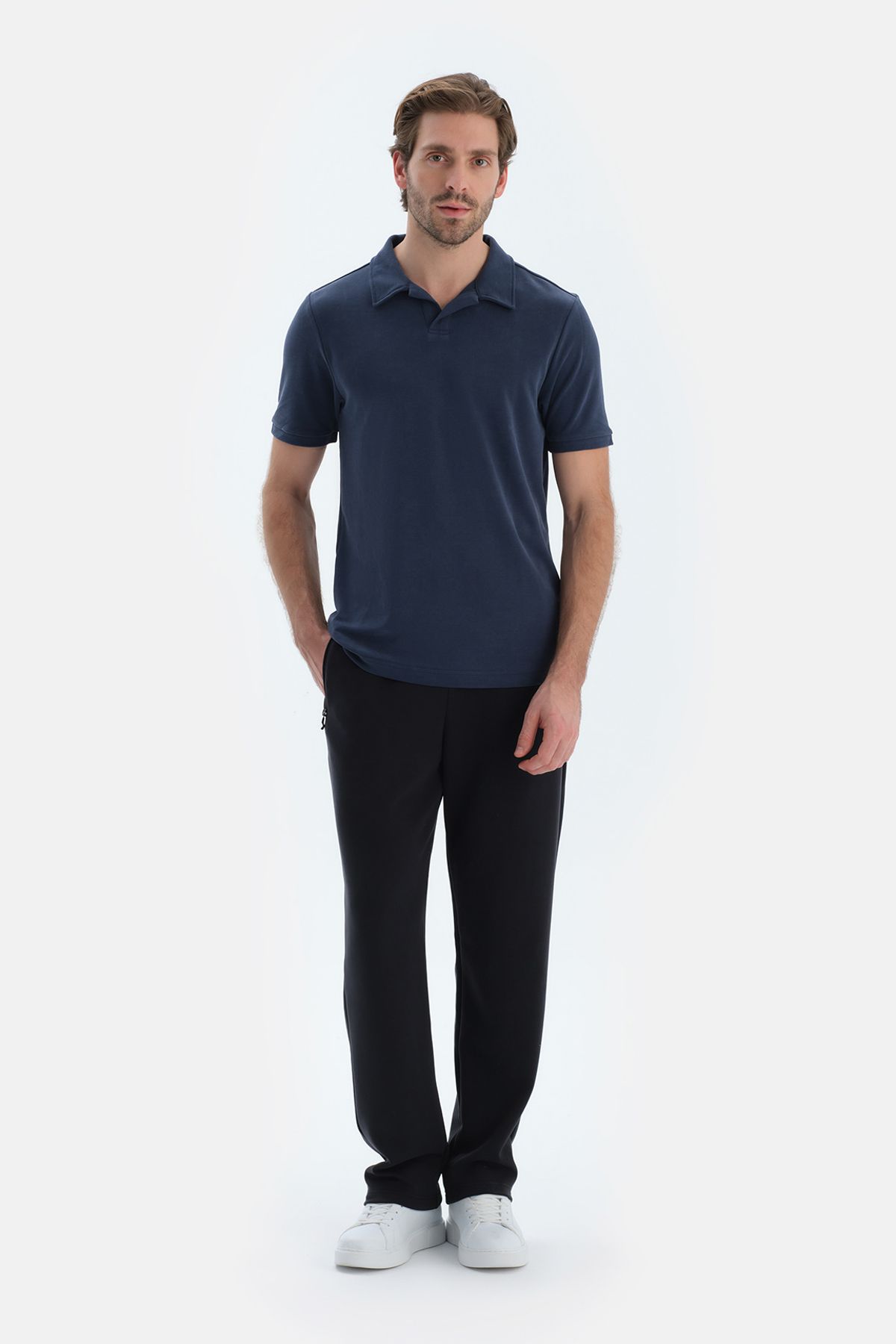 Dagi-Indigo Polo Collar Short Sleeve Modal Pique T-Shirt 4