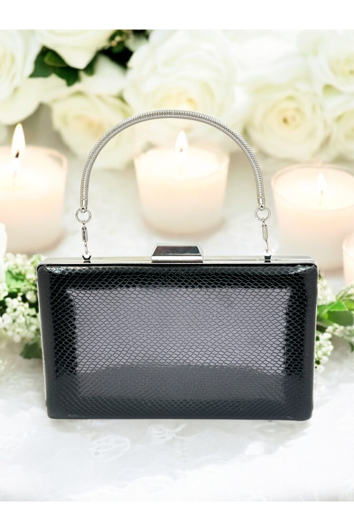 Ahenk Design-Black Color Herringbone Pattern Metal Handle Shiny Patent Leather Women's Evening Dress Bag Wedding Engagement 2