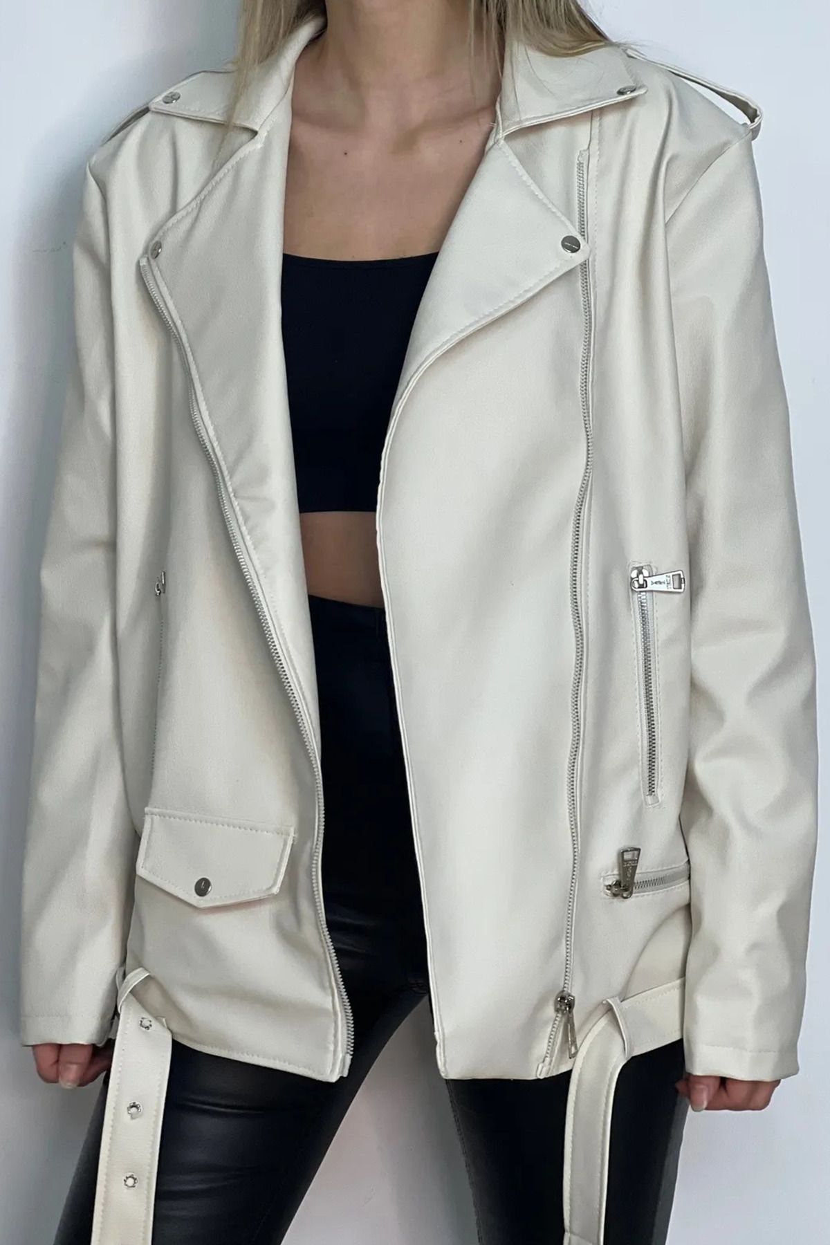 Jaglion-New Season Oversize Long Women's Cream Leather Jacket 3