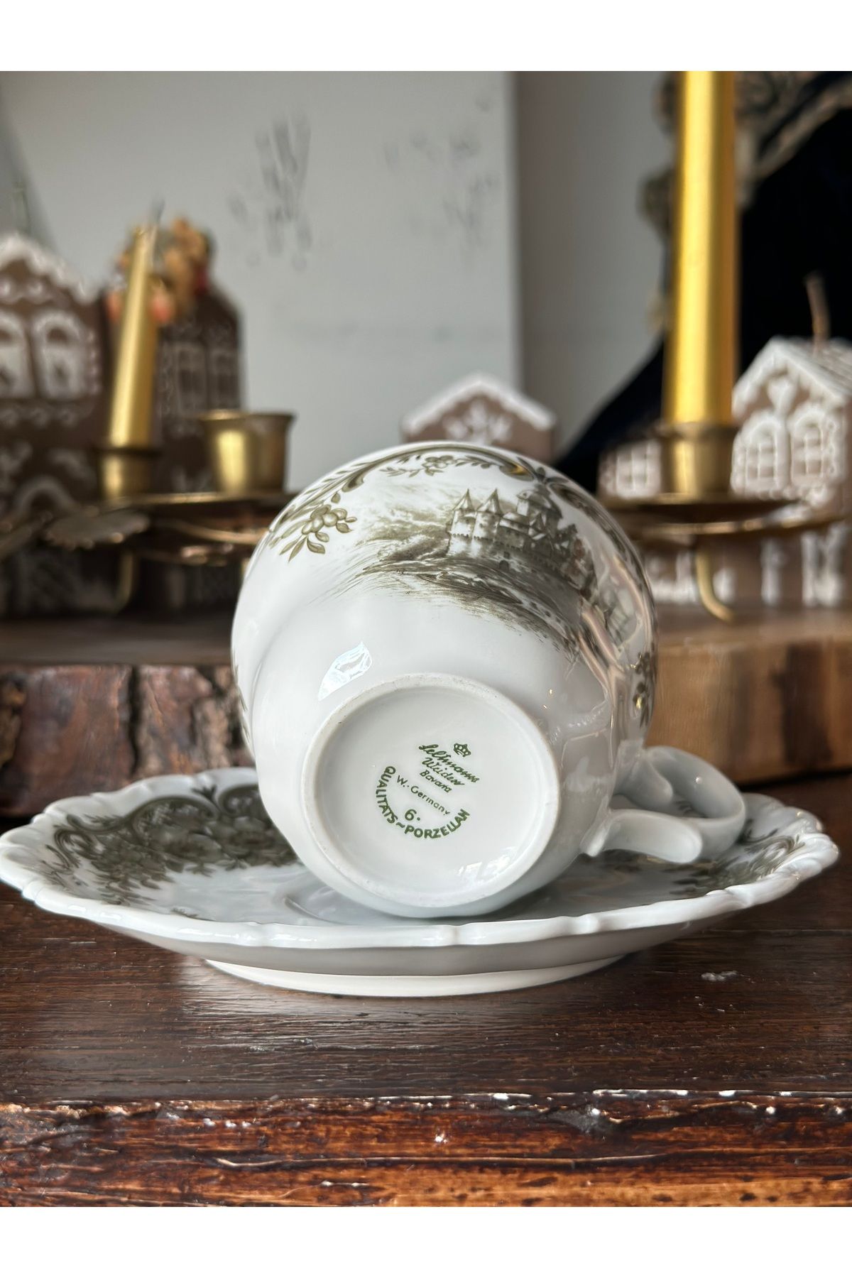 Bavaria-Antique Porcelain Bavaria Stamped Castle Patterned Brown Dark Green Teacup 3