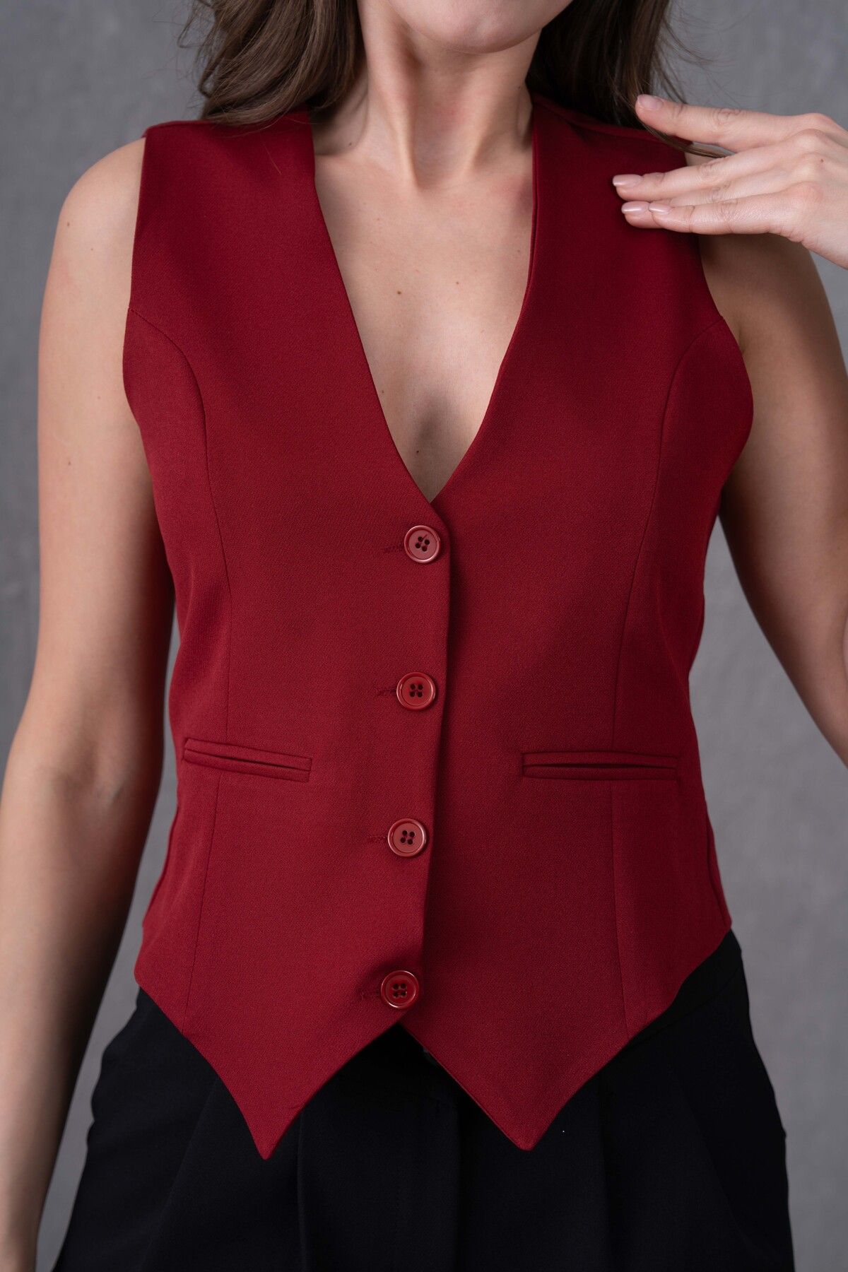 vuvutasarım-V-Neck Sleeveless Pocket Button Closure Lined Sleeveless Burgundy Vest 6796 2