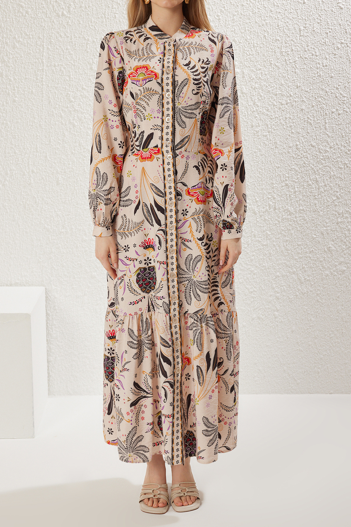 Trendyol Modest-Ecru mintás szőtt ingruha TCTSS25EB00070 3