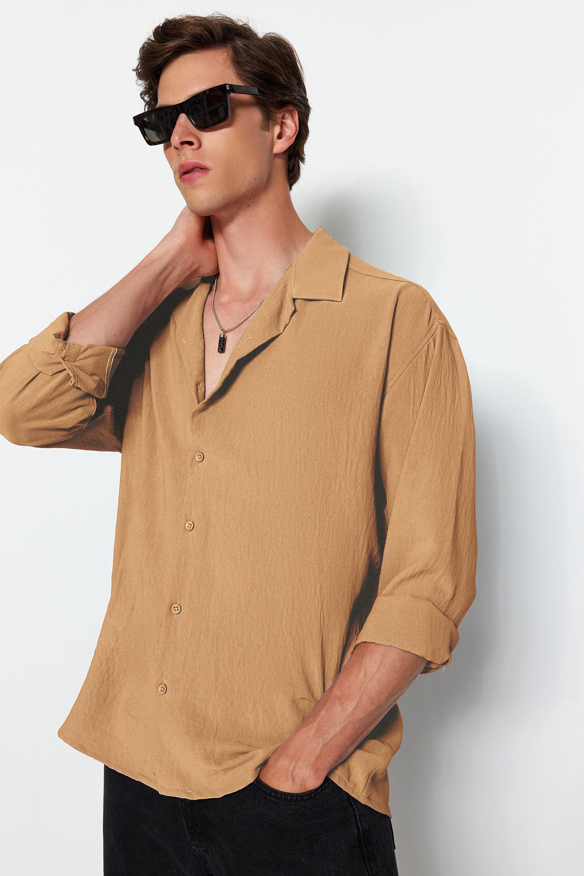 Trendyol Collection-Mink Oversize Fit Apache Límec Letní Lněná košile Tmnss23Go00053 2