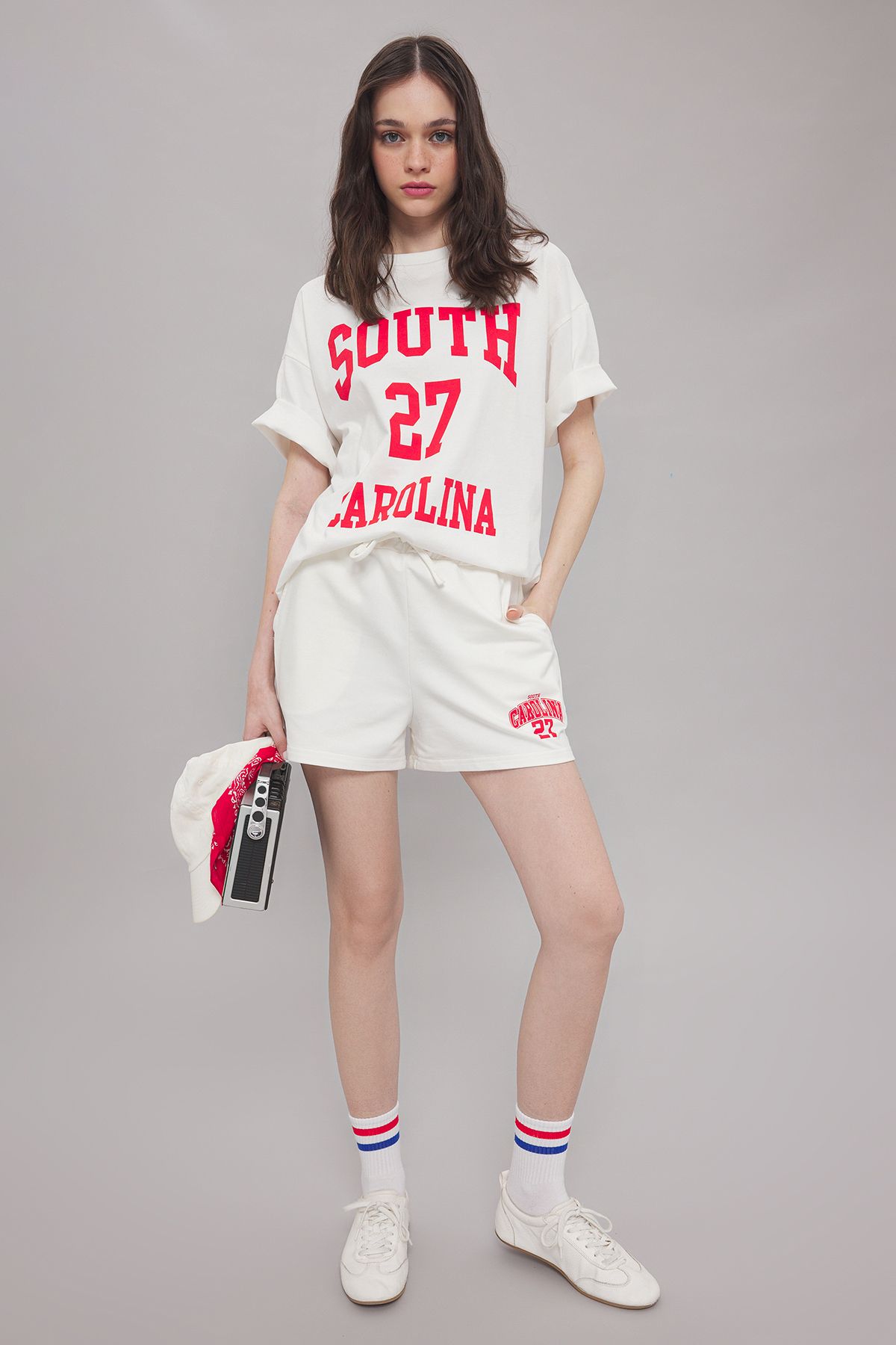 Trendyol Collection-100% Cotton Ecru Slogan Oversize Top and Short Shorts Set - Twoss25Au00039 1