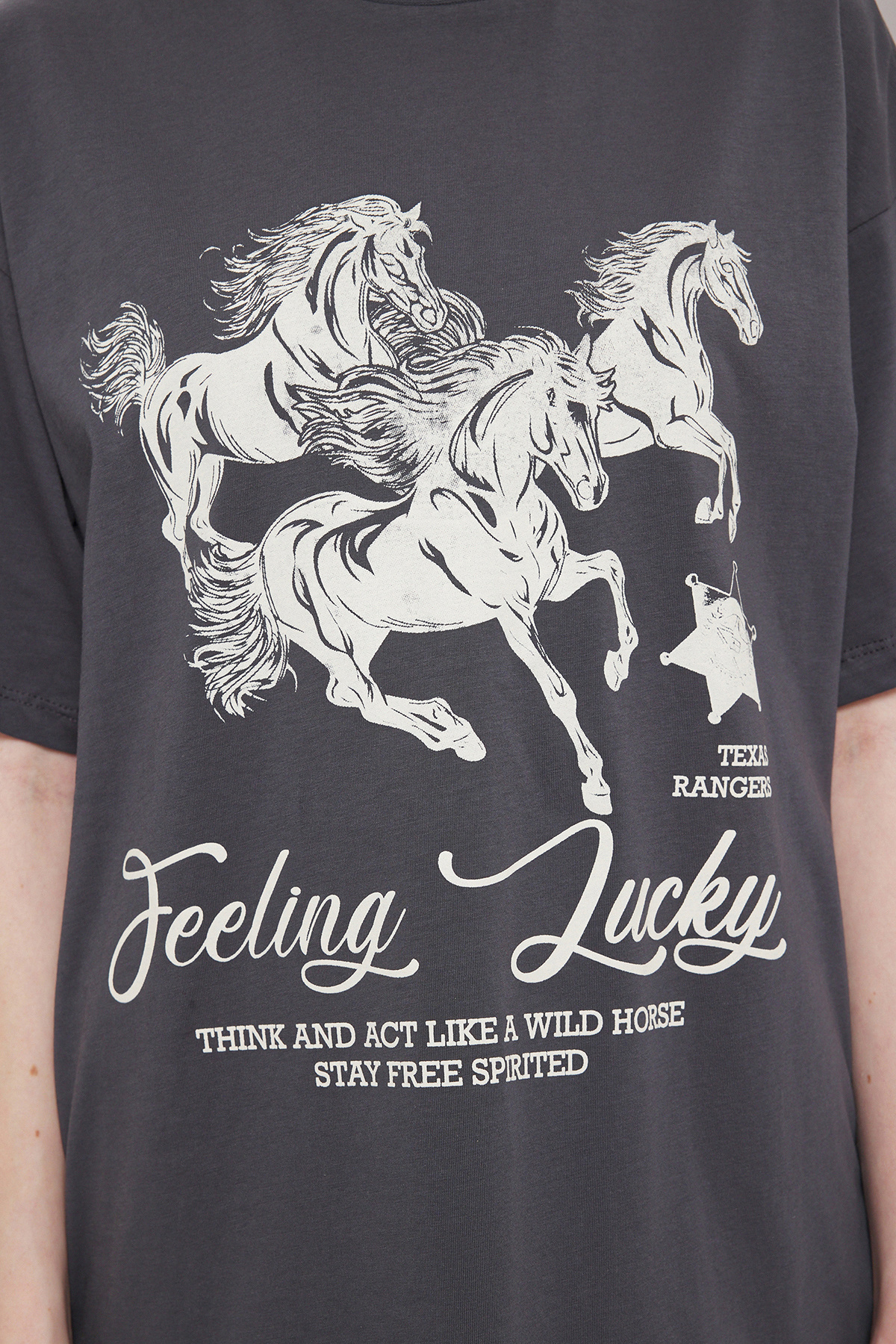 Trendyolmilla  Antrasit %100 Pamuk Oversize/Geniş Kalıp Baskılı Örme T-Shirt TWOSS25TS00075 - Görsel 3