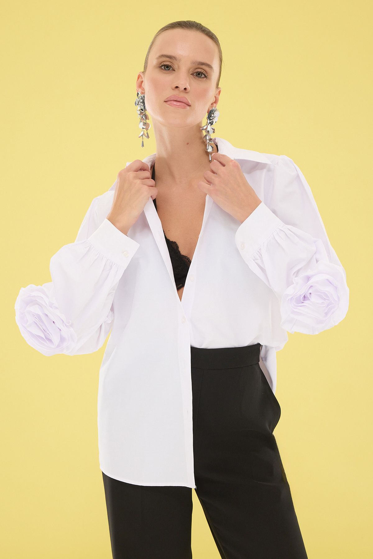 Trendyol Collection Biała Prosta Długa Różana Szczegółowa Tkana Popelina Stylowa/nocna Koszula Kobieta - 40