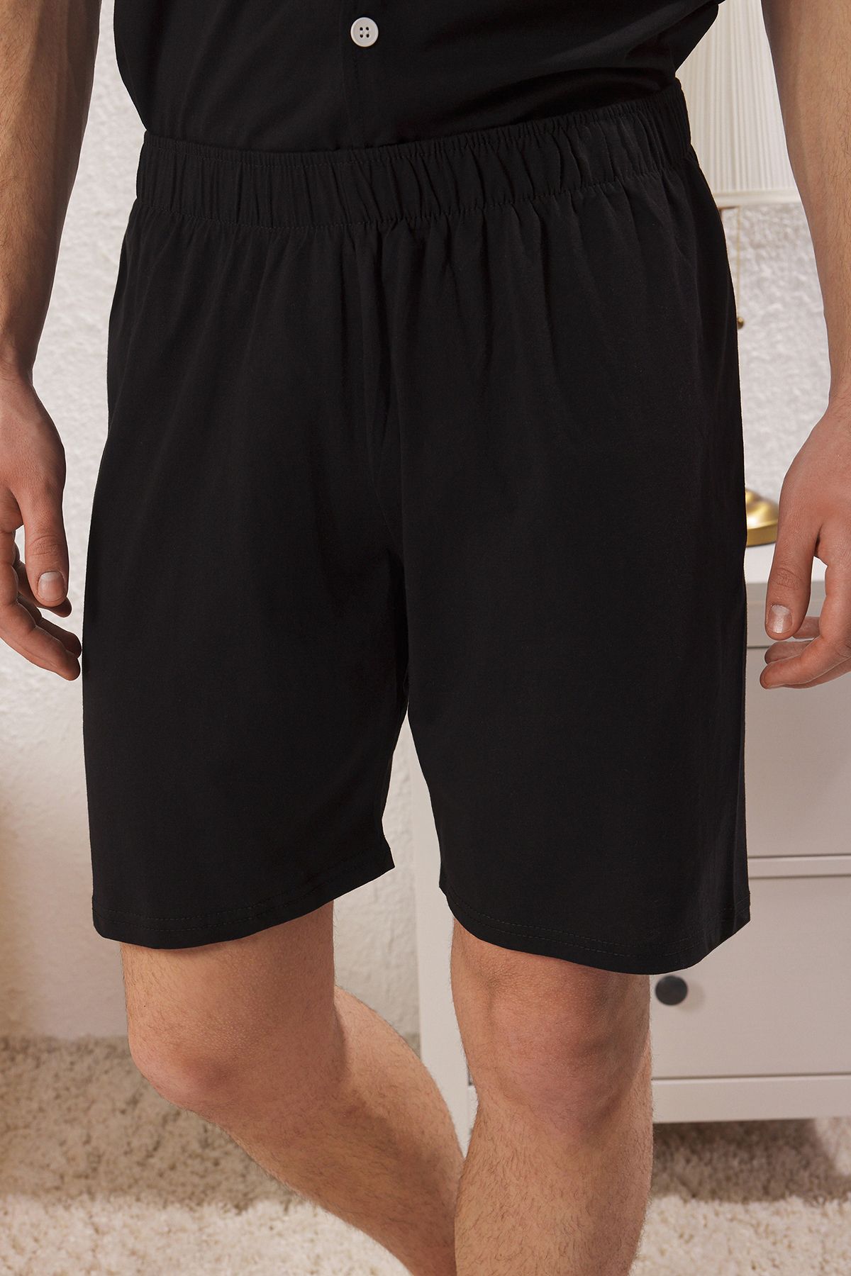 Trendyol Collection-Black Regular Fit Knitted Pajamas Set with Buttoned Piping Detail Shorts Tmnss25Pt00047 3