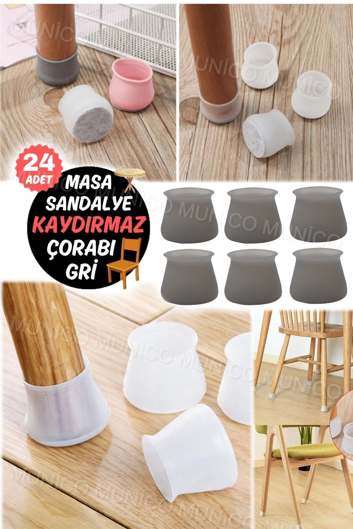 Mikasso 24 Adet Güçlü ve Dayanıklı Kaymaz Silikon Mobilya Bacak Kapakları Yuvarlak Gri Model Esnek Universal