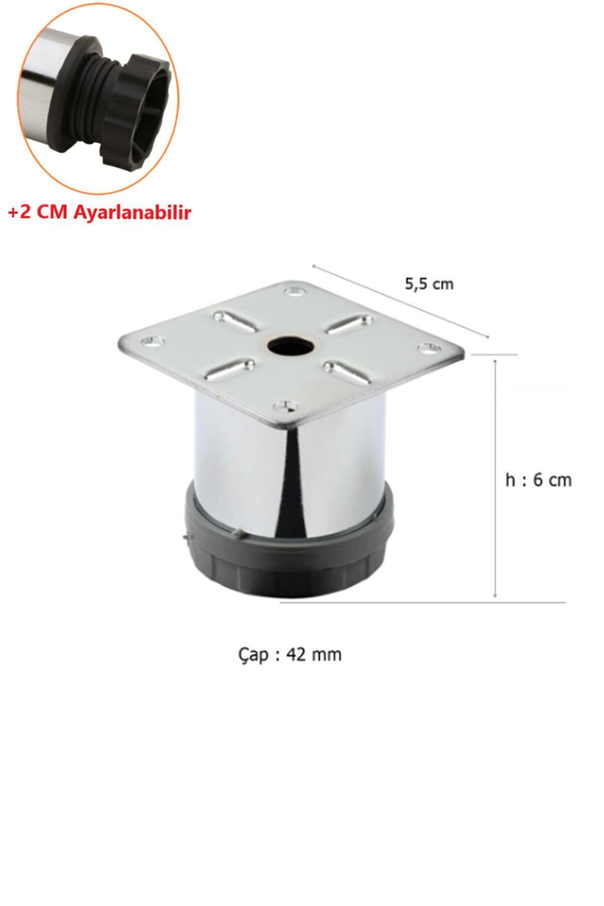 Mikasso 6 Cm Metal Mobilya Kanepe Baza Koltuk Metal Destek Ayağı Ayarlanabilir Krom Ayak 42 Mm Gri Tekli Kol