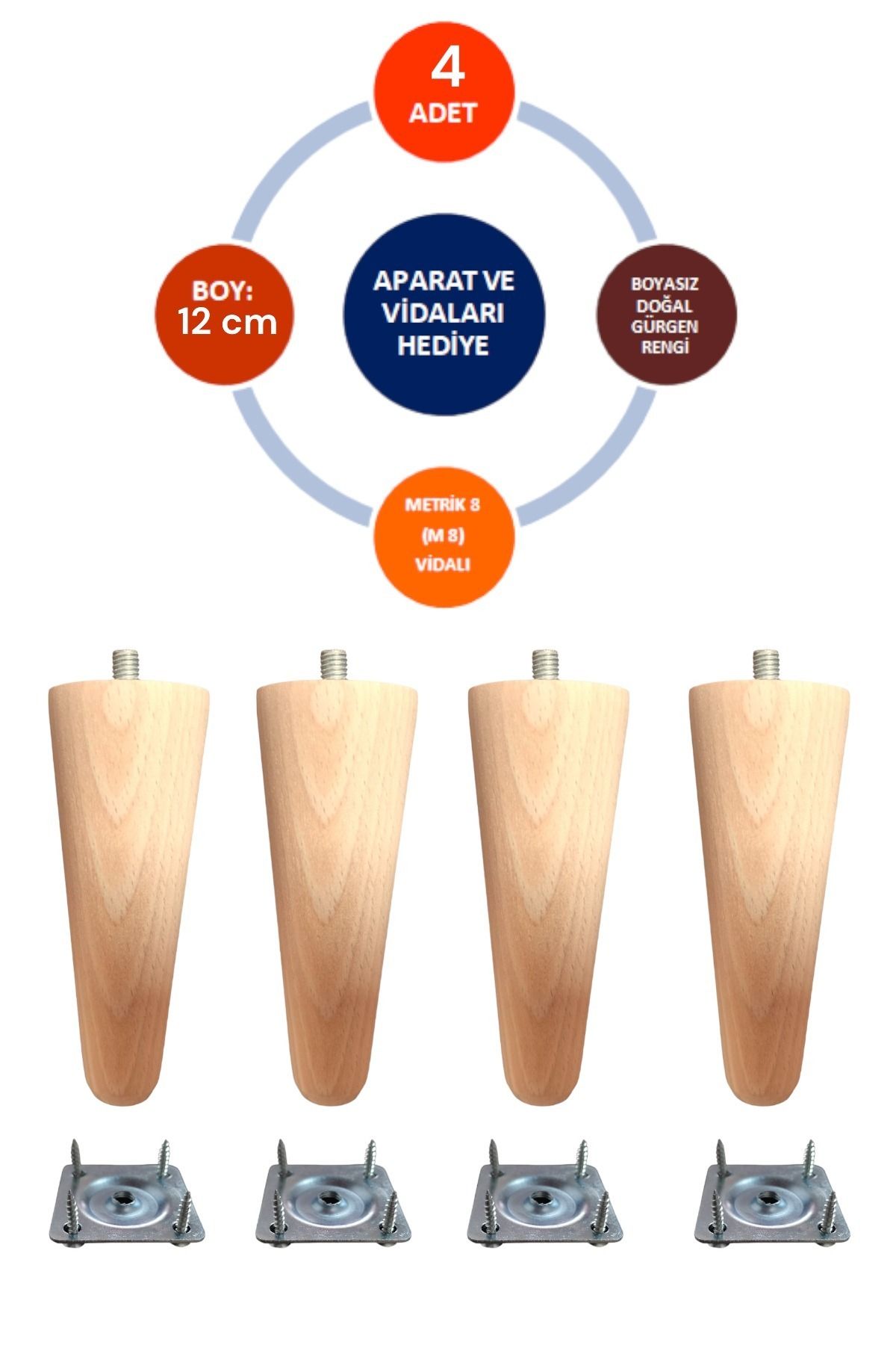 Mikasso 4'lü Ahşap Ayak Konik 12 Cm Koltuk Ayağı-baza-sehpa-mobilya Ayağı- Çap:4,6 Cm /3301000000418 Masa Ay