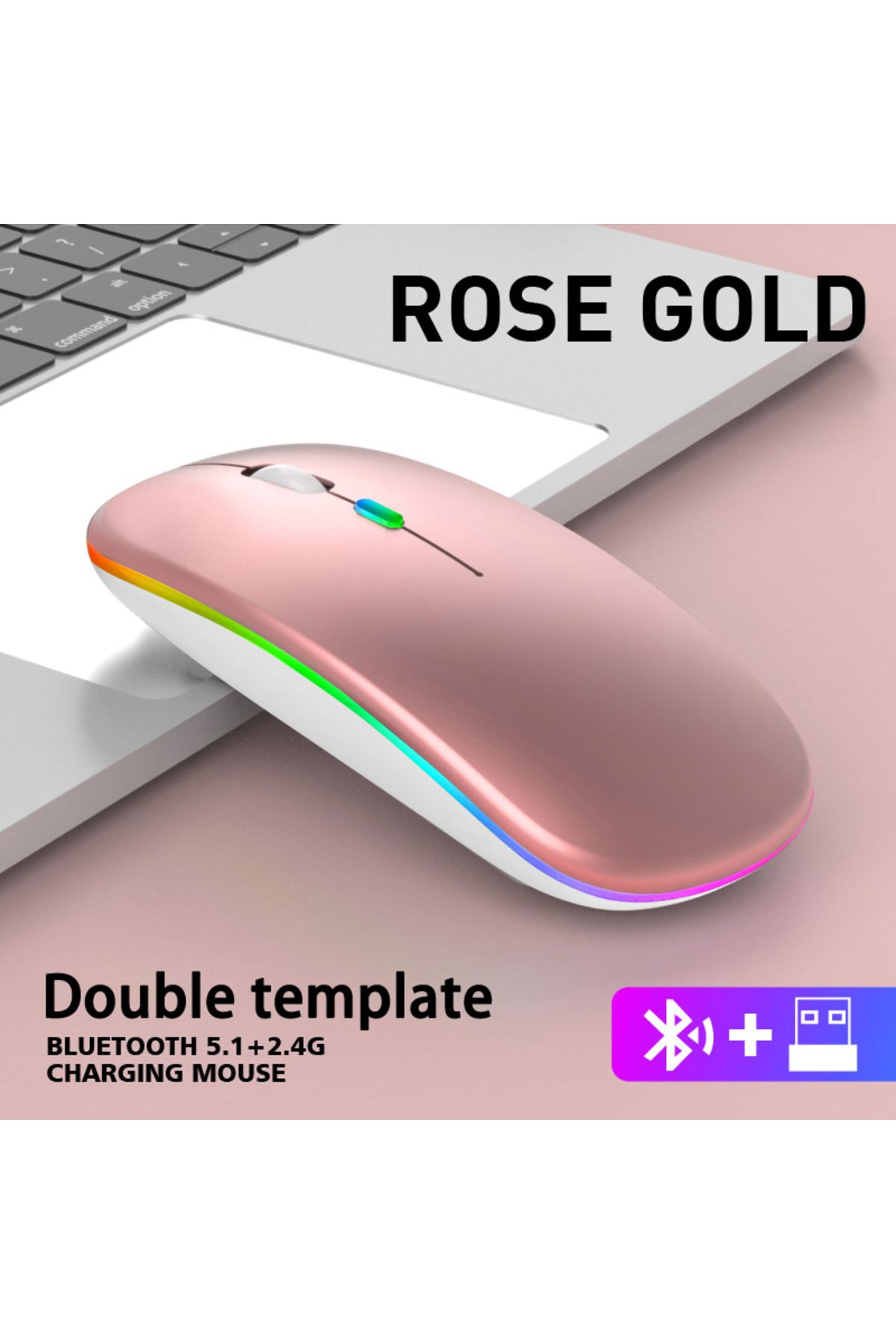 Choice-Rose Gold Rechargeable Bluetooth Wireless Mouse with 2.4GHz USB RGB 1600DPI Mouse for Computer Lapto 1