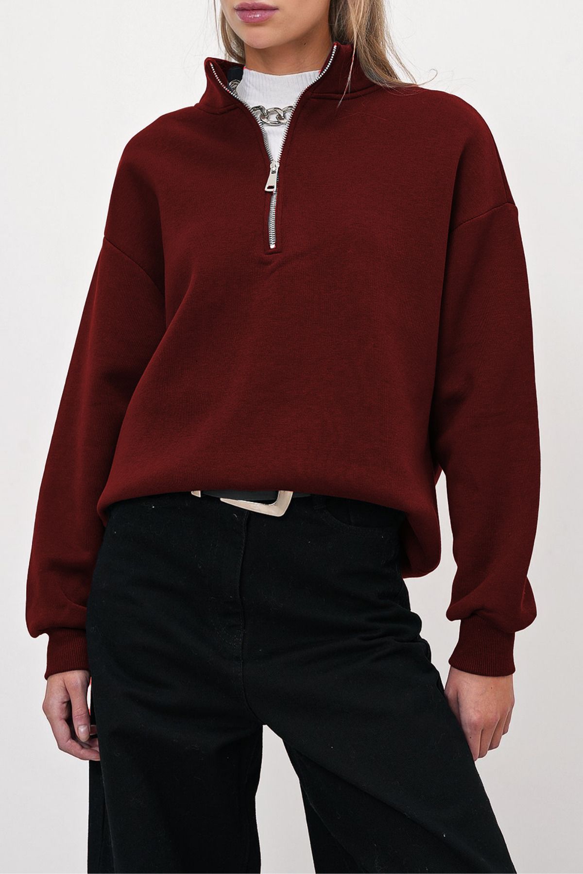 ruNadeS-Burgundy Three Thread Raised Half Zipper Detailed Stand Collar Sweatshirt 1