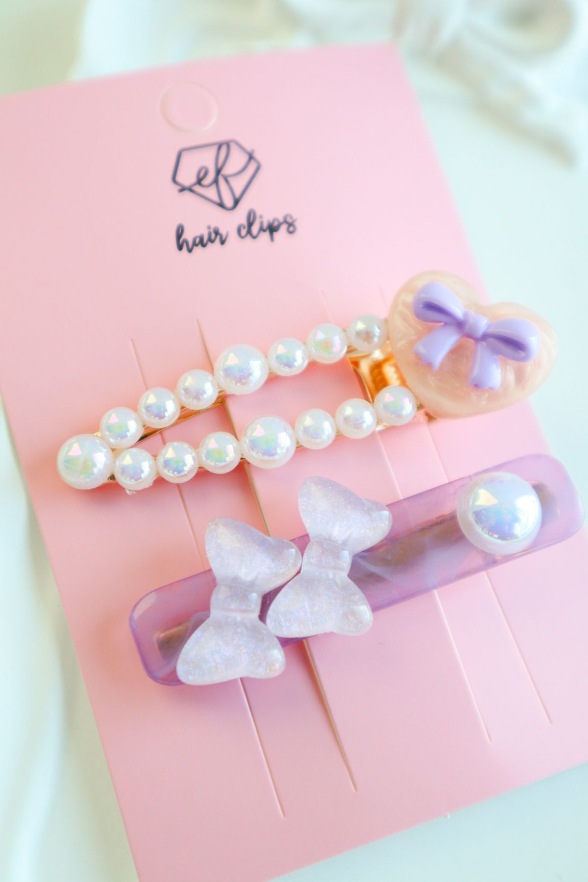EFBUTİK-2 Pack Lilac Pearl Double Bow Clip Buckle 2