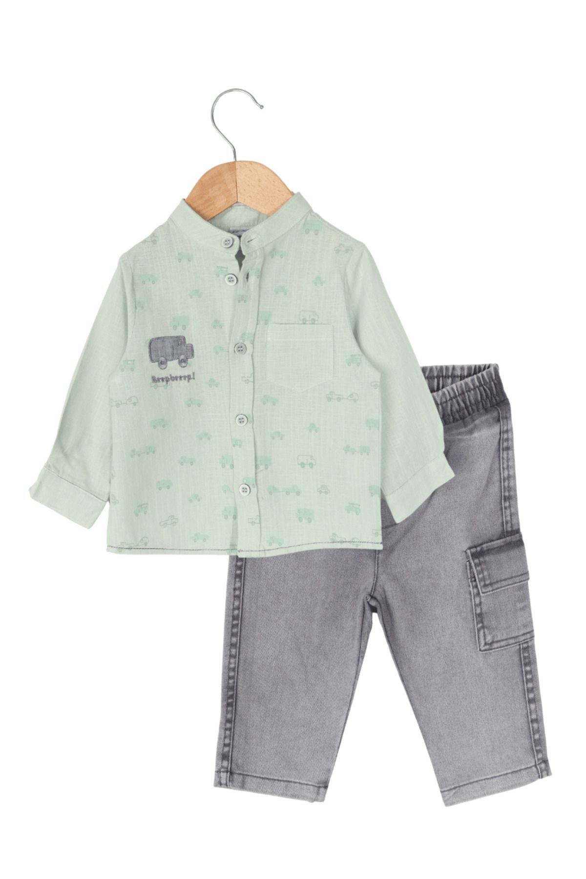 Biminik-Baby Boy Vehicle Patterned Shirt and Denim Pants with Pockets Double Set Green 1