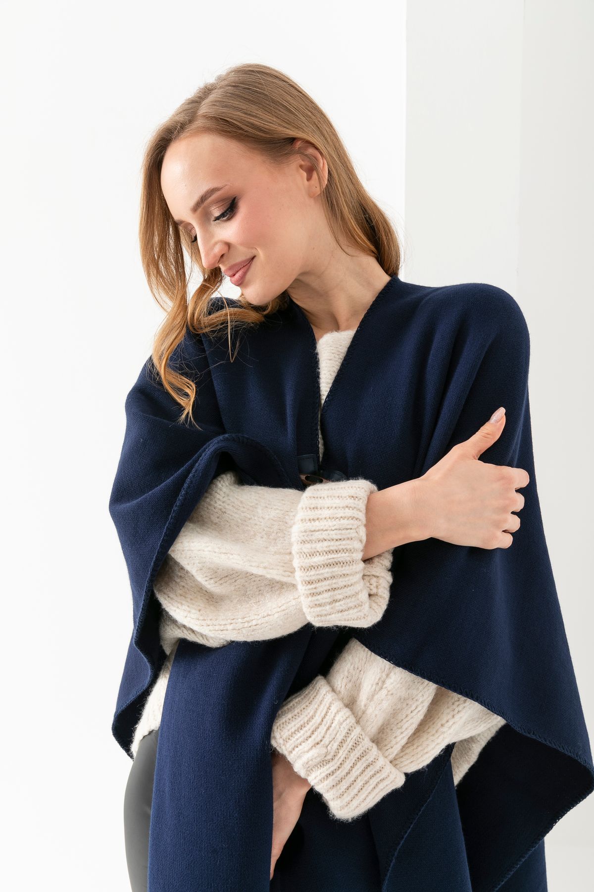 VEGA MODA-Plain Knitwear Fisherman Stitched Button Detailed Stylish Designed Poncho, Poncho, Plain Patternless Shawl Poncho 7