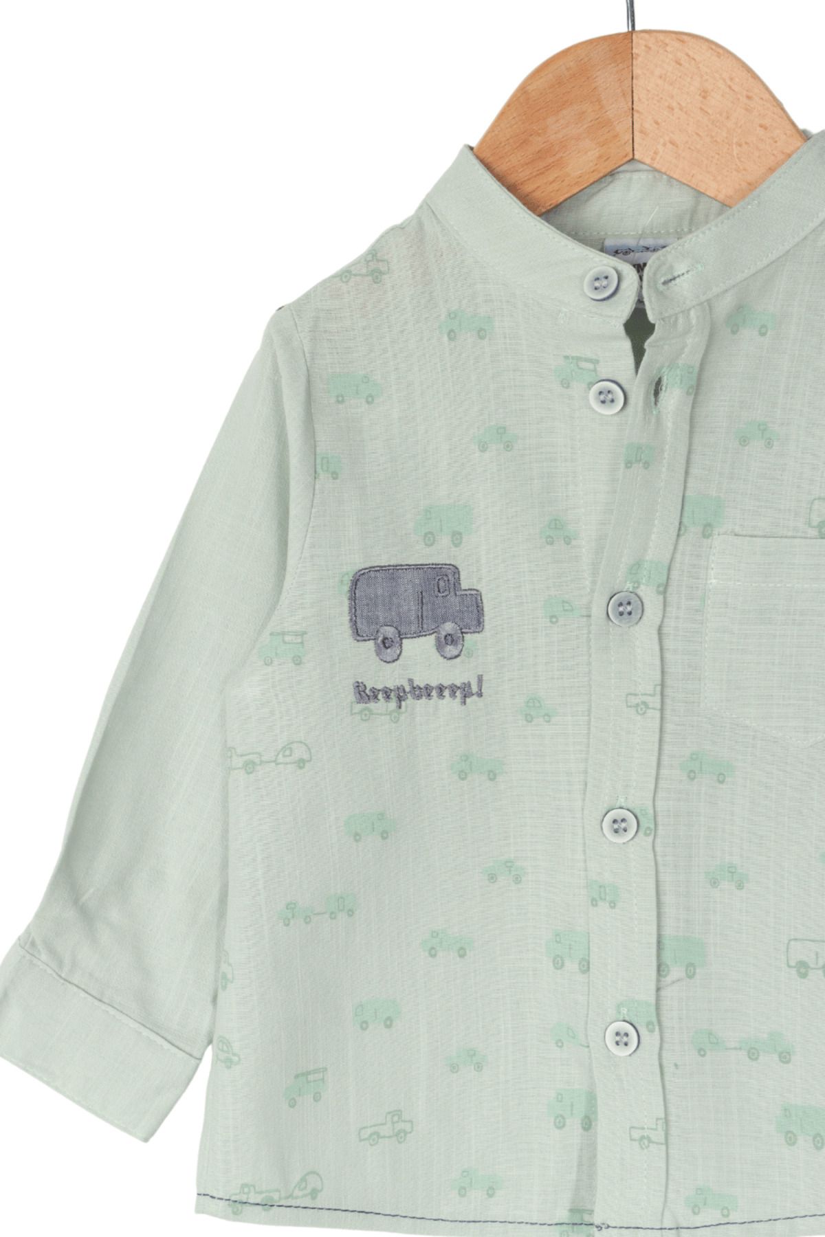 Biminik-Baby Boy Vehicle Patterned Shirt and Denim Pants with Pockets Double Set Green 3