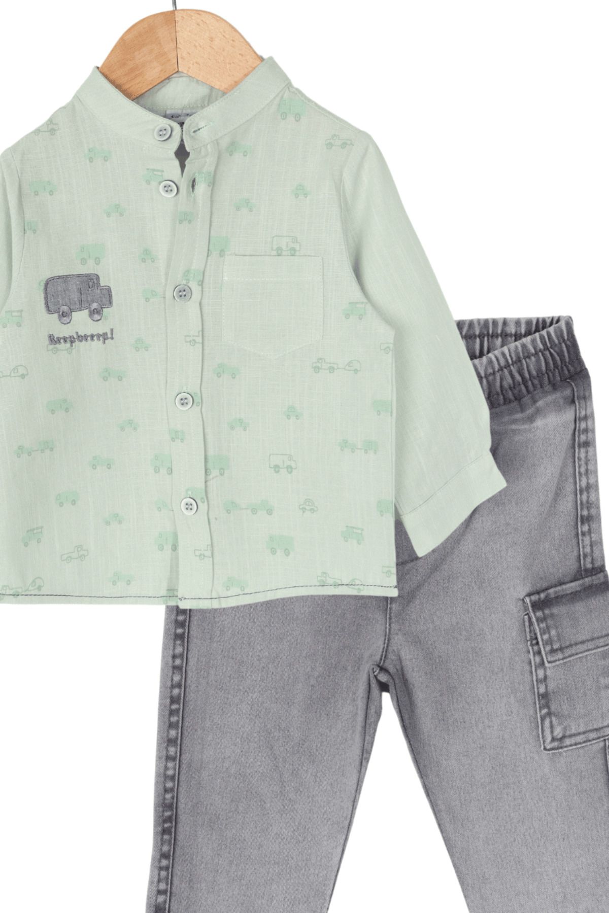 Biminik-Baby Boy Vehicle Patterned Shirt and Denim Pants with Pockets Double Set Green 2