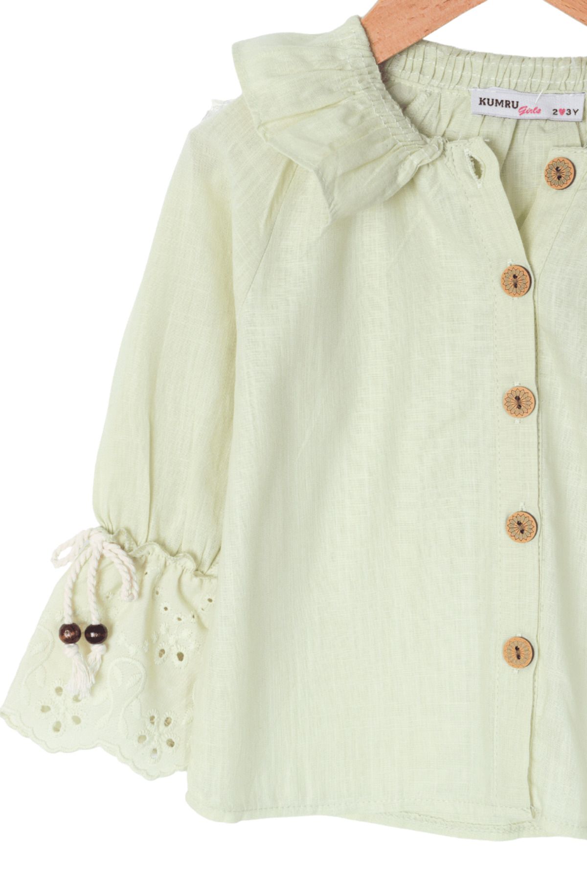 Biminik-Girl's Collar Ruffle Sleeve Embroidery Detailed Shirt Light Green 4