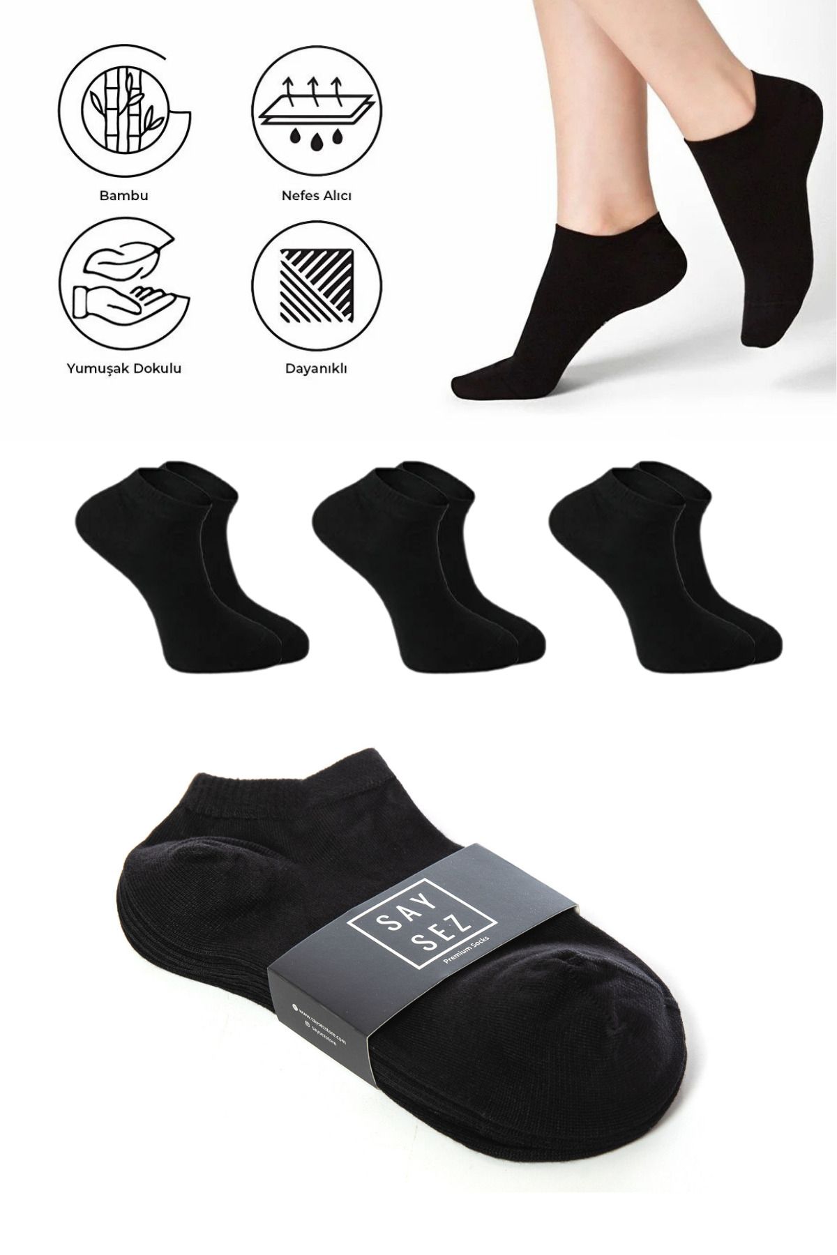 SAYSEZ-Plain Black Color Bamboo Booties Socks, Seamless Premium 3 Pack 1