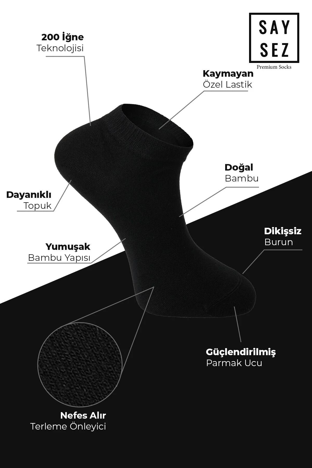 SAYSEZ-Plain Black Color Bamboo Booties Socks, Seamless Premium 3 Pack 2