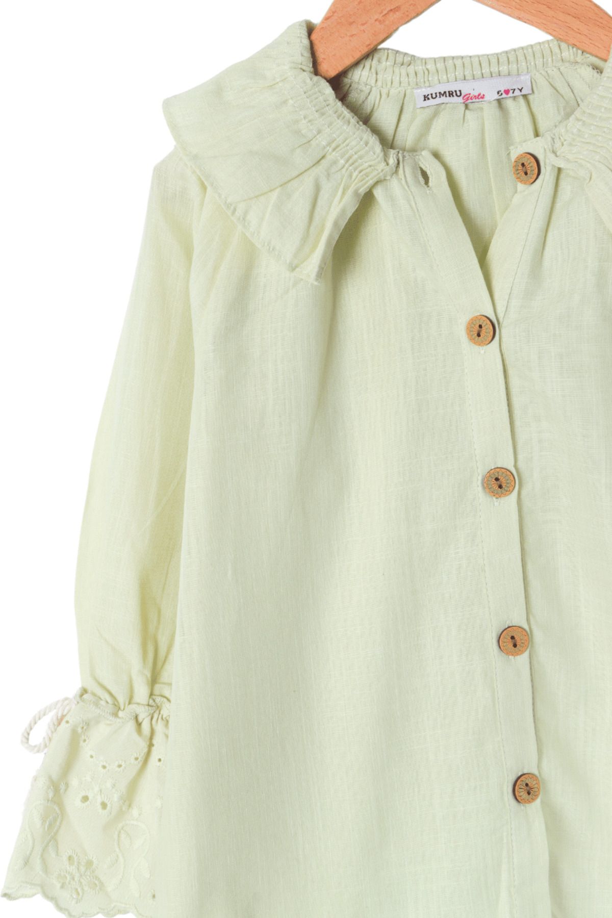 Biminik-Girl's Collar Ruffle Sleeve Embroidery Detailed Shirt Light Green 5