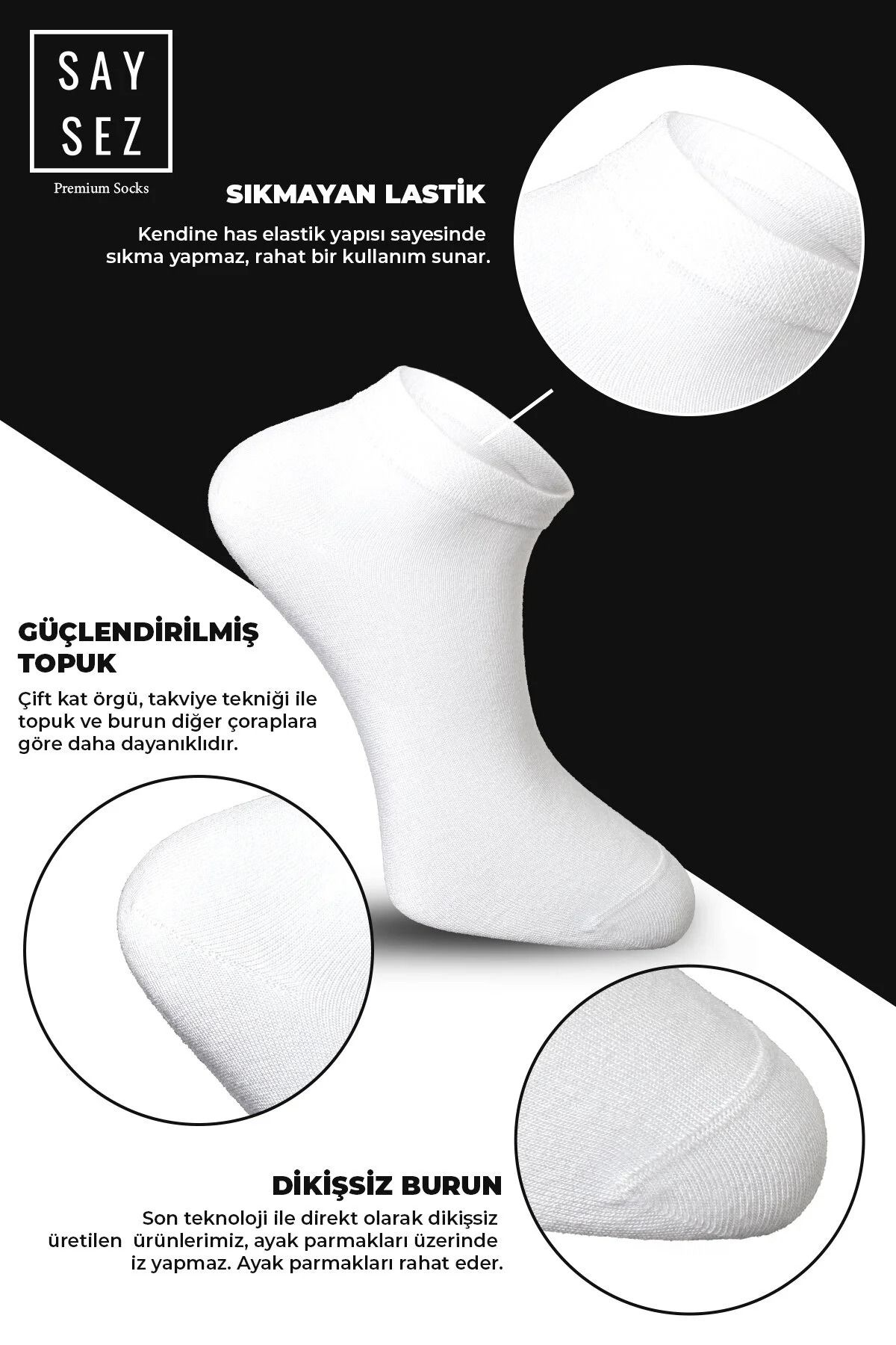SAYSEZ-Ανδρικά μποτάκια Bamboo - Απλό λευκό χρώμα - Seamless Premium 3-pack 3