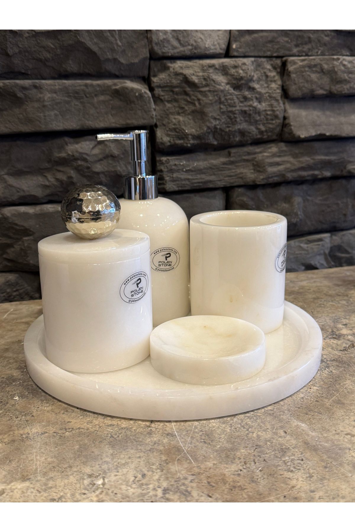 Polen Stone-White Marble 5-Piece Bathroom Set – Bring Natural Elegance to Your Home 5