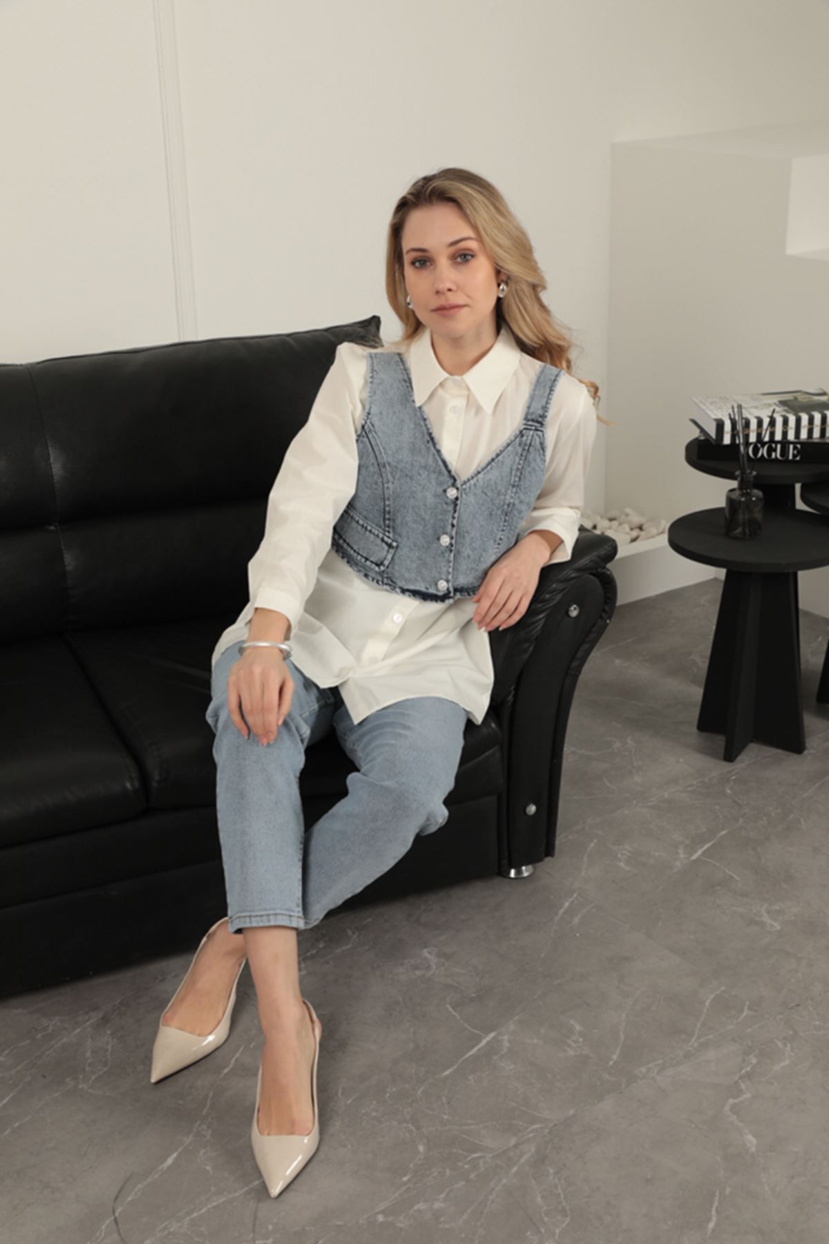 blueb Poplin Kumaş Yelek Detaylı Ekru Kadın Gömlek