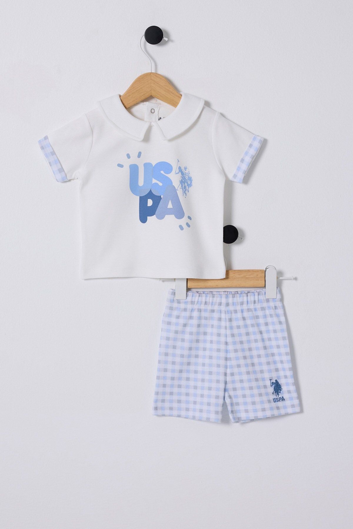 U.S. Polo Assn.-Baby Boys Light Blue Checkered Shorts Set, Comfortable and Fashionable Summer Combination 1