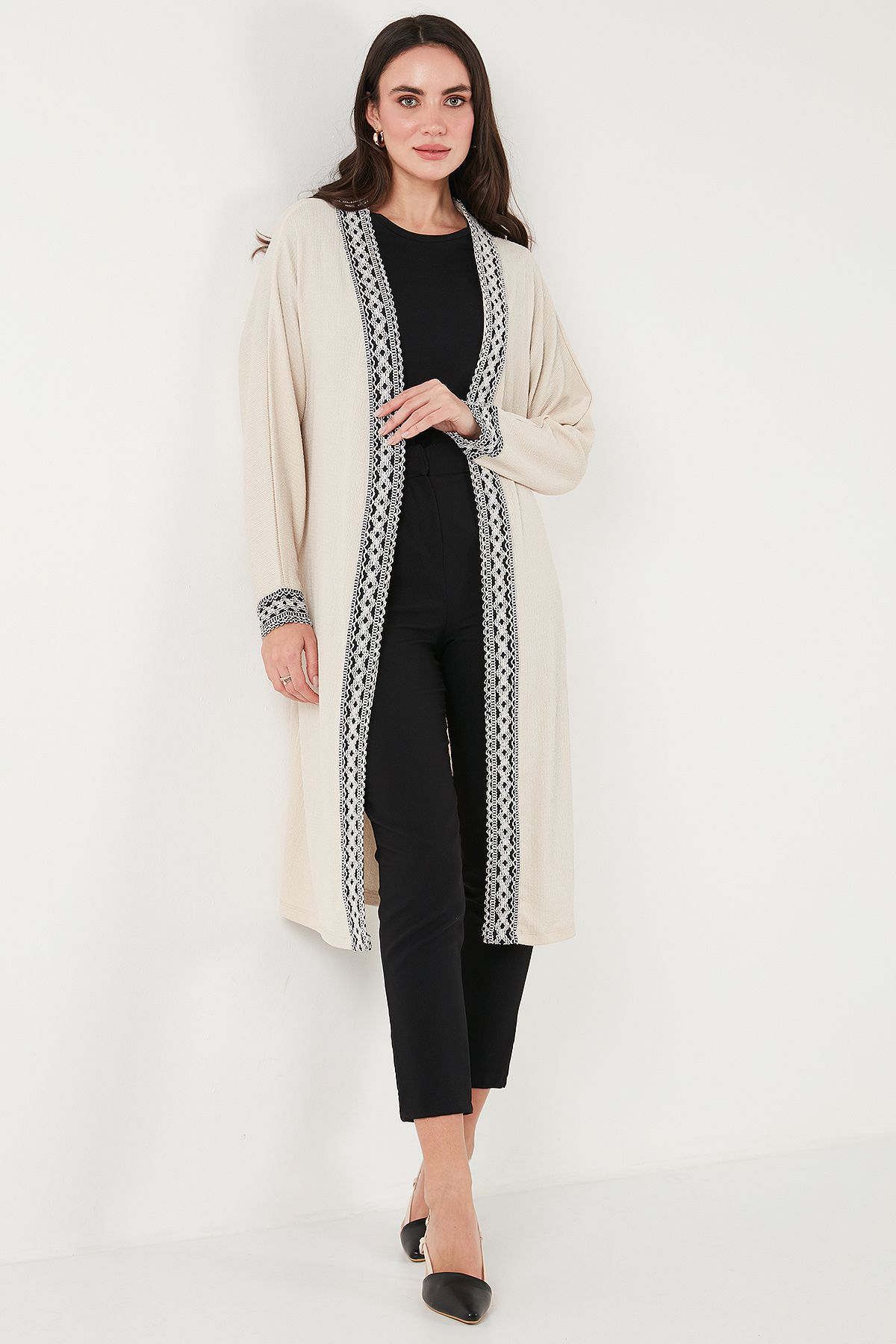 Lela-Long Kimono Cardigan - Modest Regular Fit Tie-Up Embroidered Hijab 5