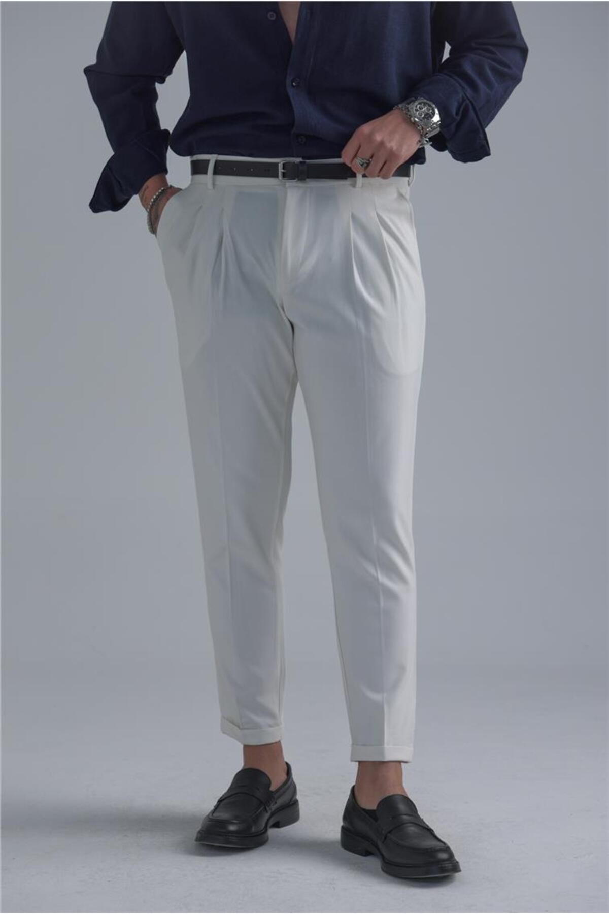 OUTFİT MAN-Men's Basic Classic Pencil Pants White 4