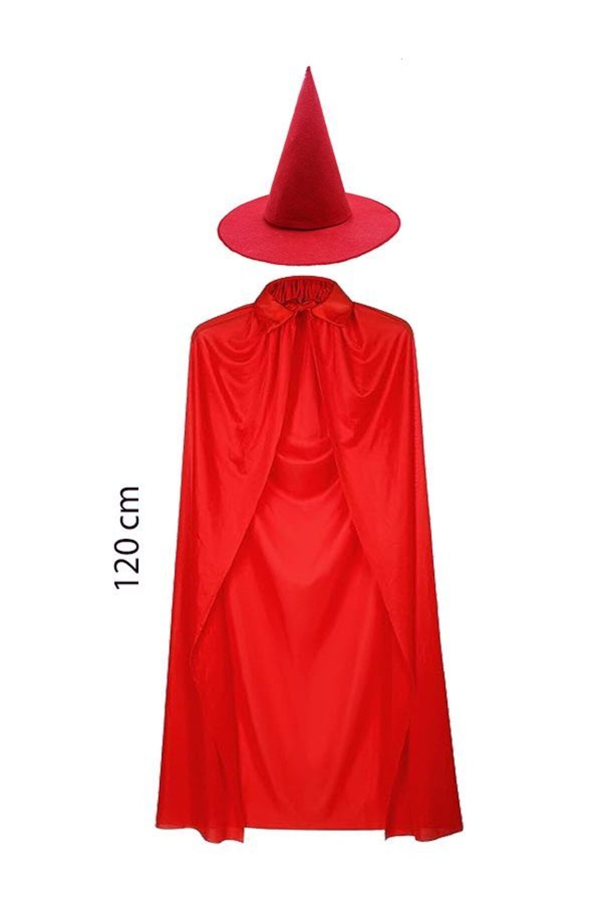 Astra Market Yetişkin Boy 120 cm Kırmızı Yakalı Pelerin ve Kırmızı Cadı Şapkası