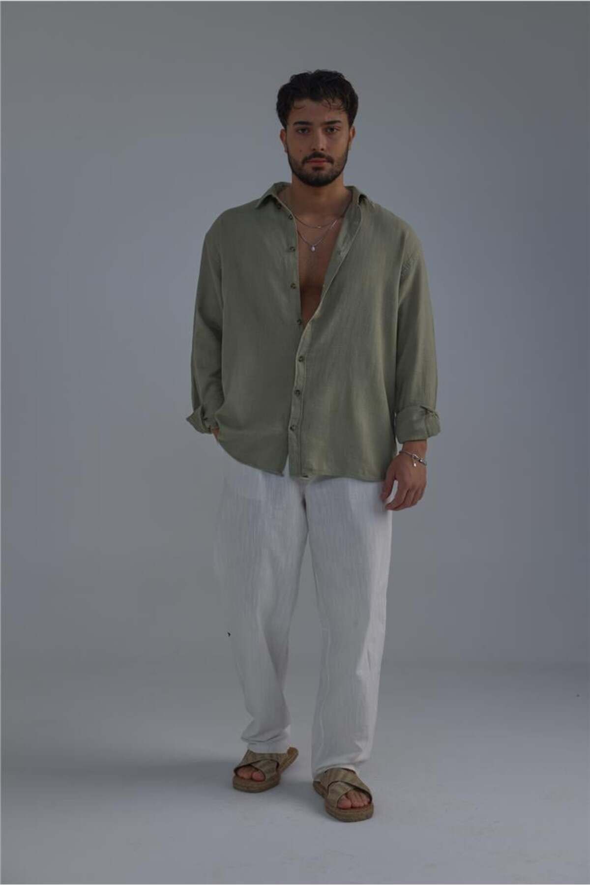 OUTFİT MAN-Light Khaki Men's Braided Oversize Shirt 1