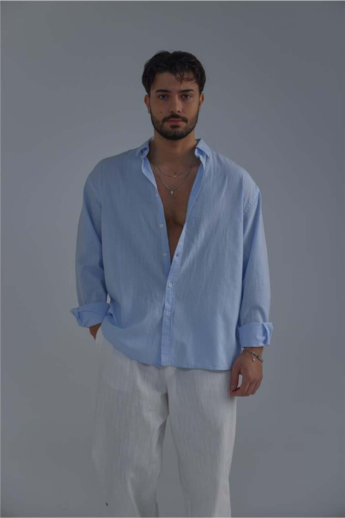 OUTFİT MAN-Men's Lapel Buttoned Linen Shirt Light Blue 4