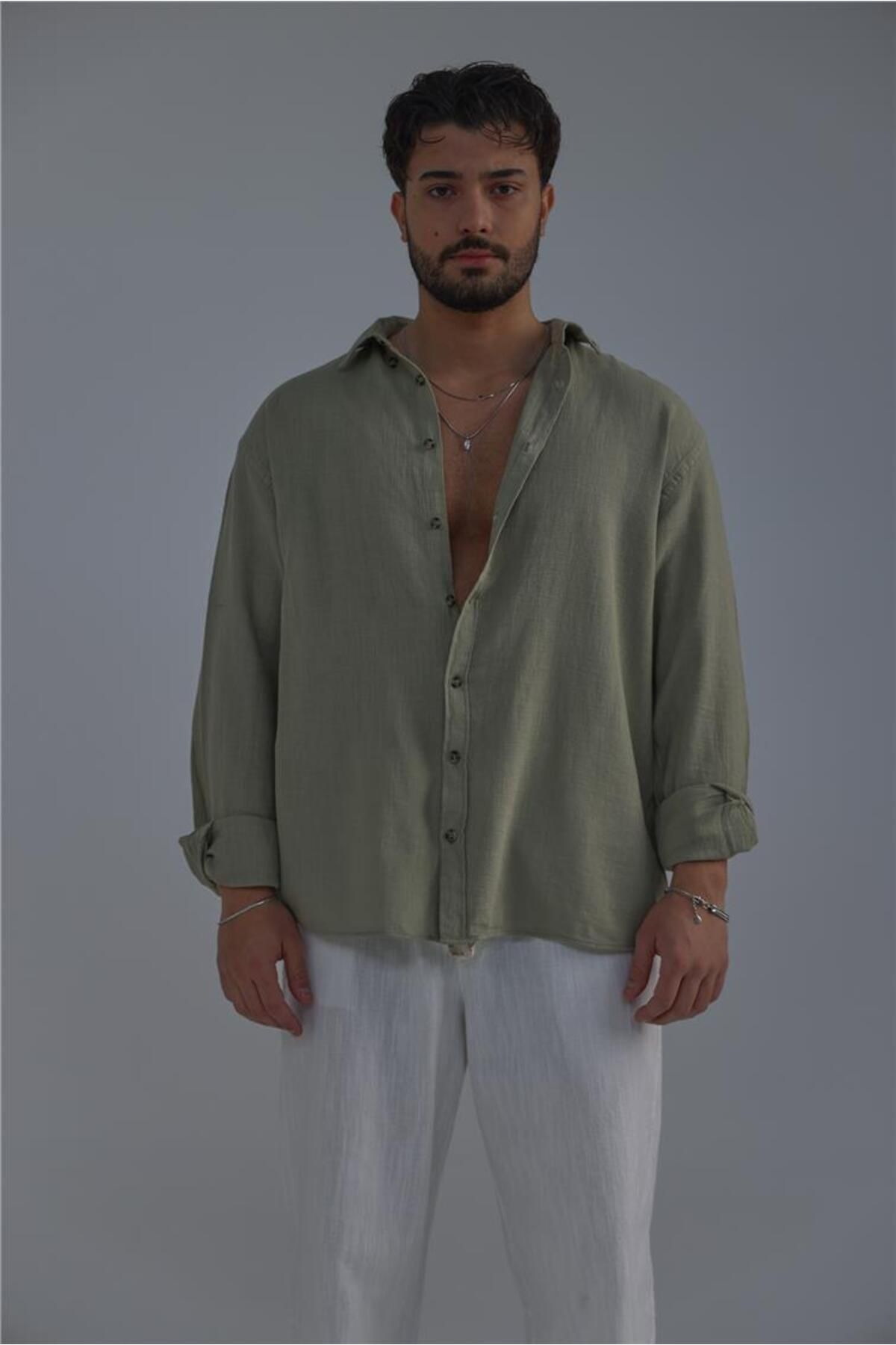 OUTFİT MAN-Light Khaki Men's Braided Oversize Shirt 3